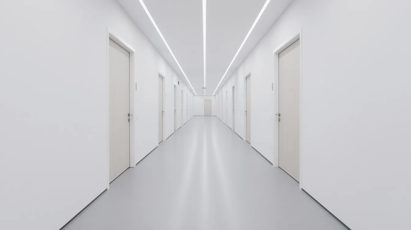 Een lange moderne gang met plafondverlichting en meerdere deuren zonder tekst of symbolen. De verlichting kan bediend worden met verschillende soorten schakelaars, zoals een wisselschakelaar of een kruisschakelaar, die de lampen op meerdere plekken in de gang aan- en uitschakelen.