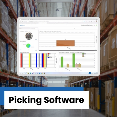 Tablet showing a dashboard in front of warehouse racking