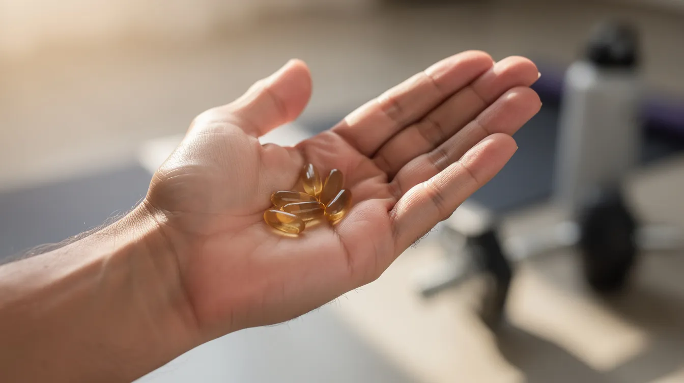 A close-up image shows a person holding several supplement capsules in their palm, ready to enhance their morning workout. These weight loss supplements, which may include potent fat burners like green tea extract and caffeine, are intended to support weight management efforts and promote fat oxidation for a lean body mass.