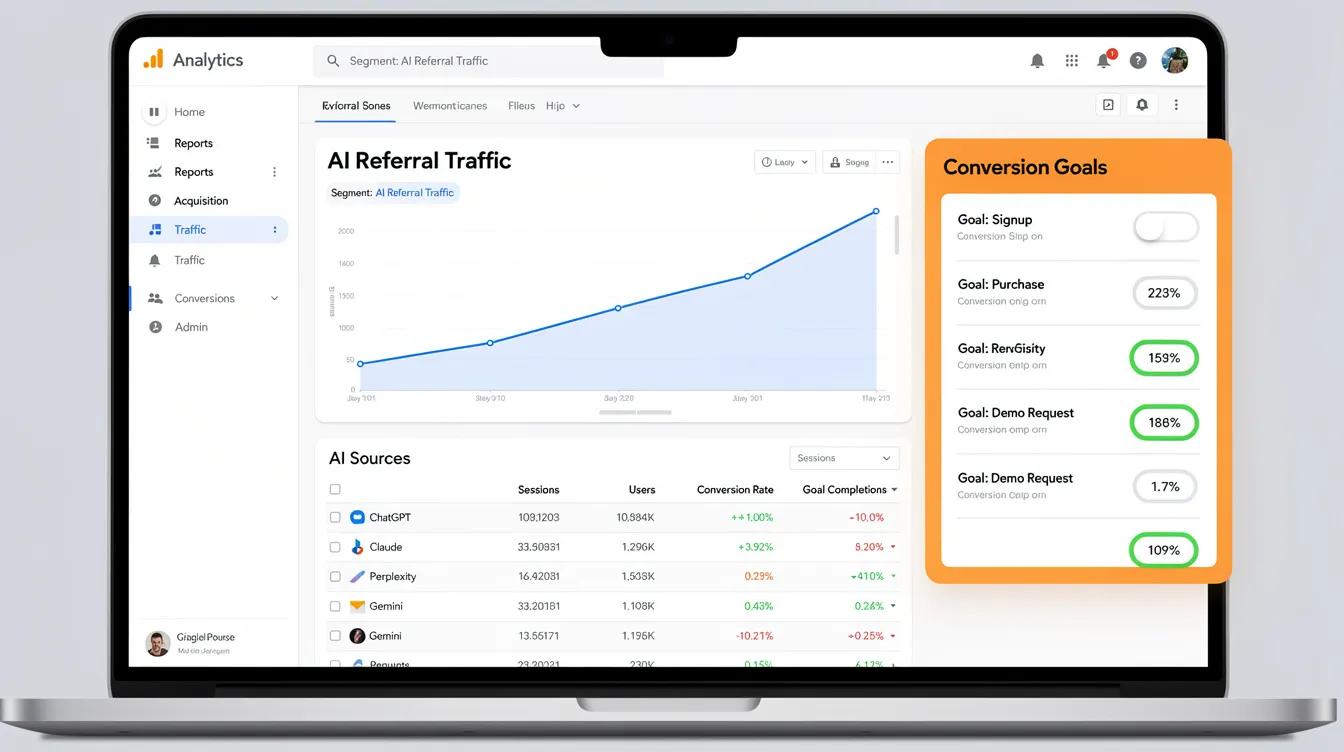 The image depicts a Google Analytics dashboard showcasing the setup for an AI referral traffic segment, with conversion goals prominently highlighted. This visualization emphasizes the importance of tracking website traffic and optimizing SEO efforts to enhance customer lifetime value and improve organic search performance.