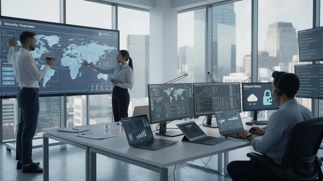 In a modern office, a group of professionals is engaged in a discussion about secure digital infrastructure, focusing on digital assets and blockchain technology. They are reviewing regulatory compliance issues and advising clients on the legal complexities of the rapidly evolving digital asset space, including smart contracts and decentralized finance.