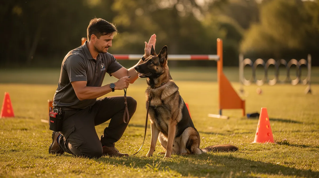 The image depicts a professional dog trainer engaging with a German Shepherd puppy during a training session, showcasing techniques for obedience training and positive reinforcement. The scene emphasizes the bond between the trainer and the intelligent dog, highlighting the importance of proper socialization and mental stimulation in the German Shepherd training process.