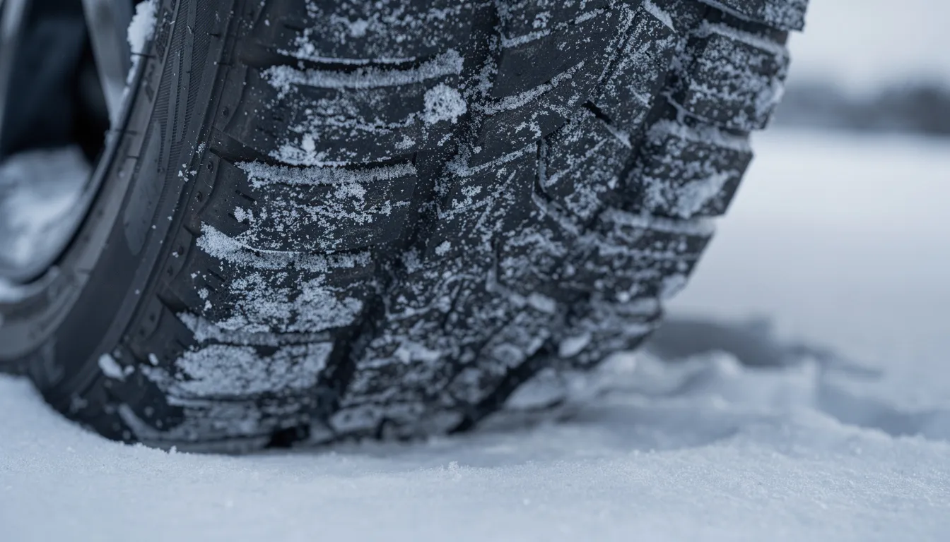 A close-up image of a car tire in the snow, showcasing its clear tread pattern designed for better traction in winter conditions. This tire is essential for winter driving, providing grip on icy roads and ensuring safety during heavy snowfall and freezing temperatures.