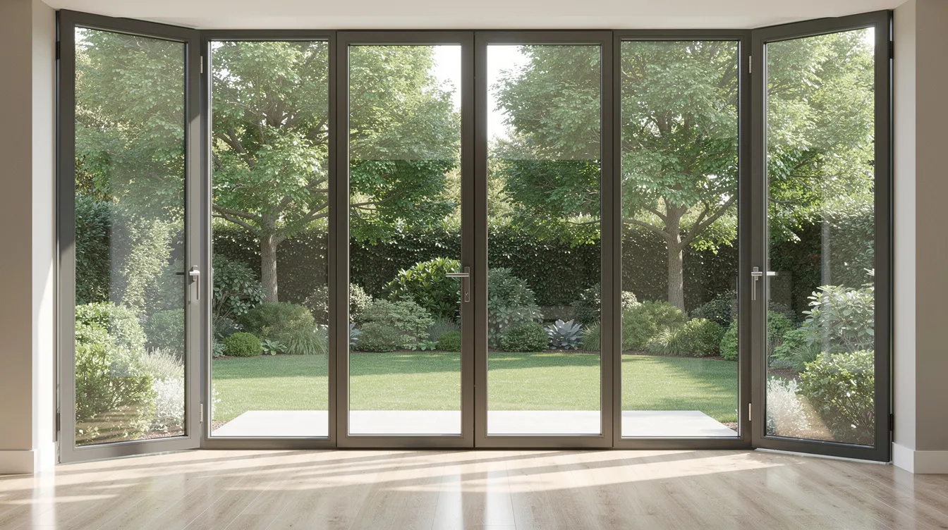 Une grande baie vitrée en aluminium s'ouvre sur un jardin arboré, offrant une vue dégagée sur la verdure environnante. Ce type de menuiserie, idéal pour les maisons à La Chapelle-sur-Erdre, permet d'apporter lumière et élégance à l'habitat.