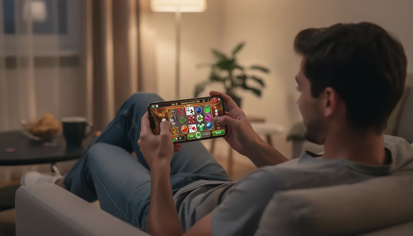 Une personne est assise confortablement, jouant à des jeux de casino sur son smartphone dans un environnement décontracté. L'image évoque l'univers des casinos en ligne, où les joueurs peuvent accéder à divers jeux de hasard depuis chez eux.
