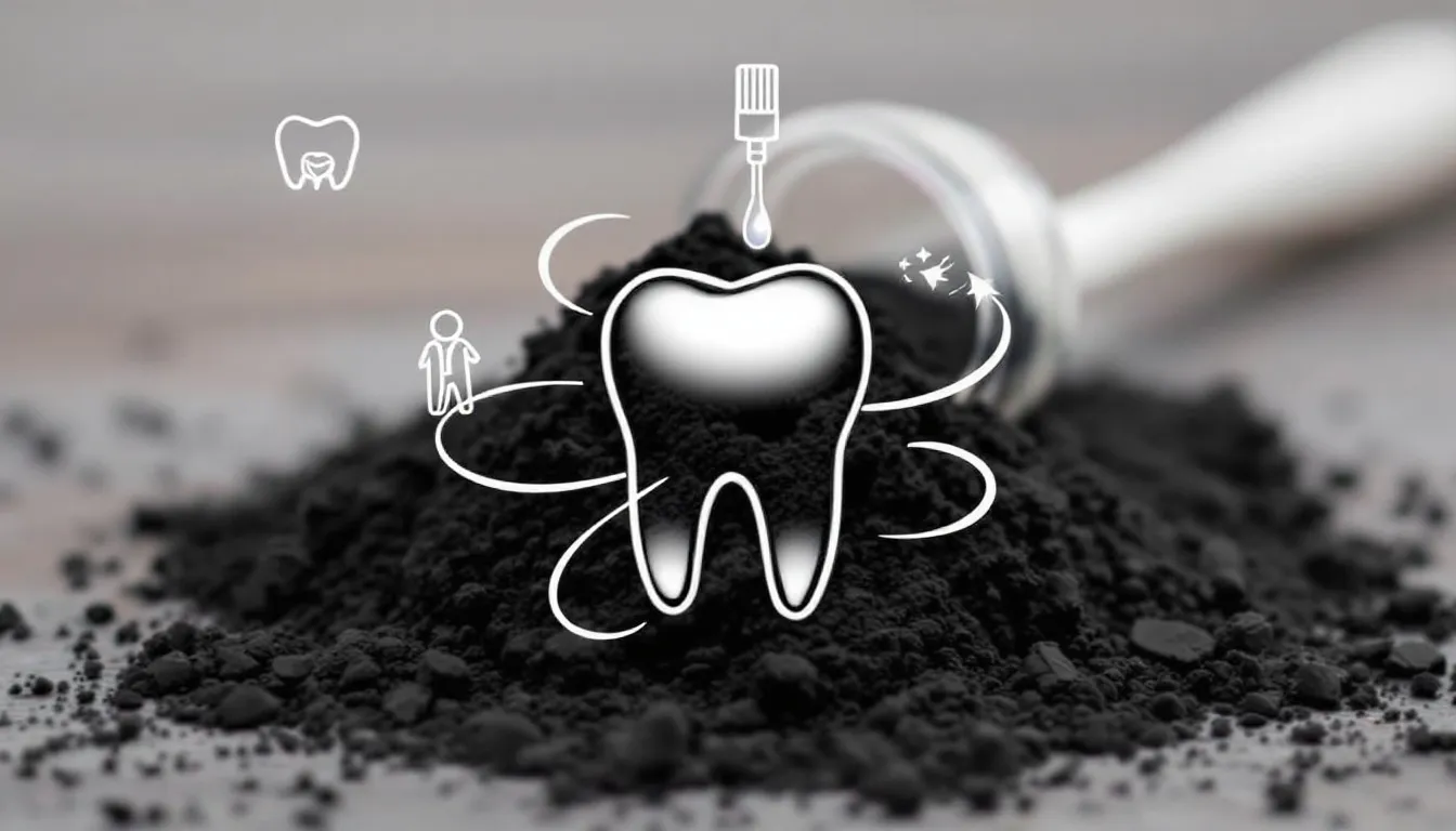 An overview of charcoal powder for teeth, showing a blurred image of a small container of charcoal powder.