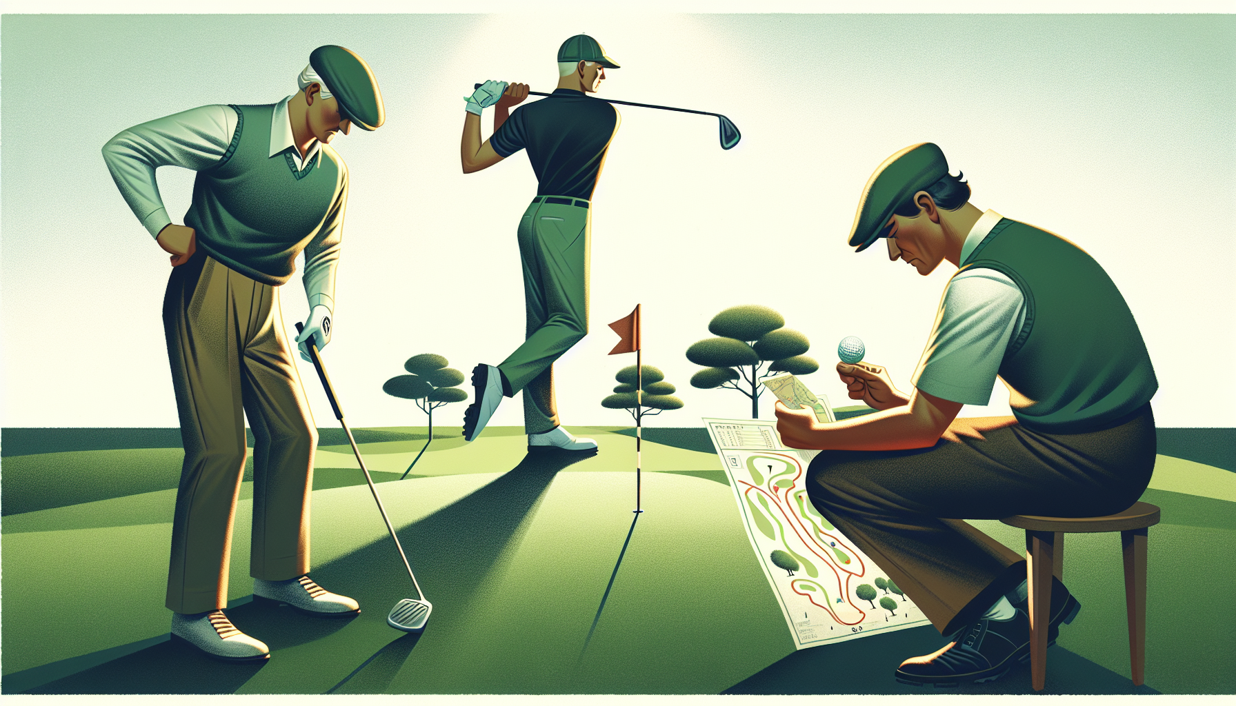 Illustration av två golfspelare som samarbetar på banan.