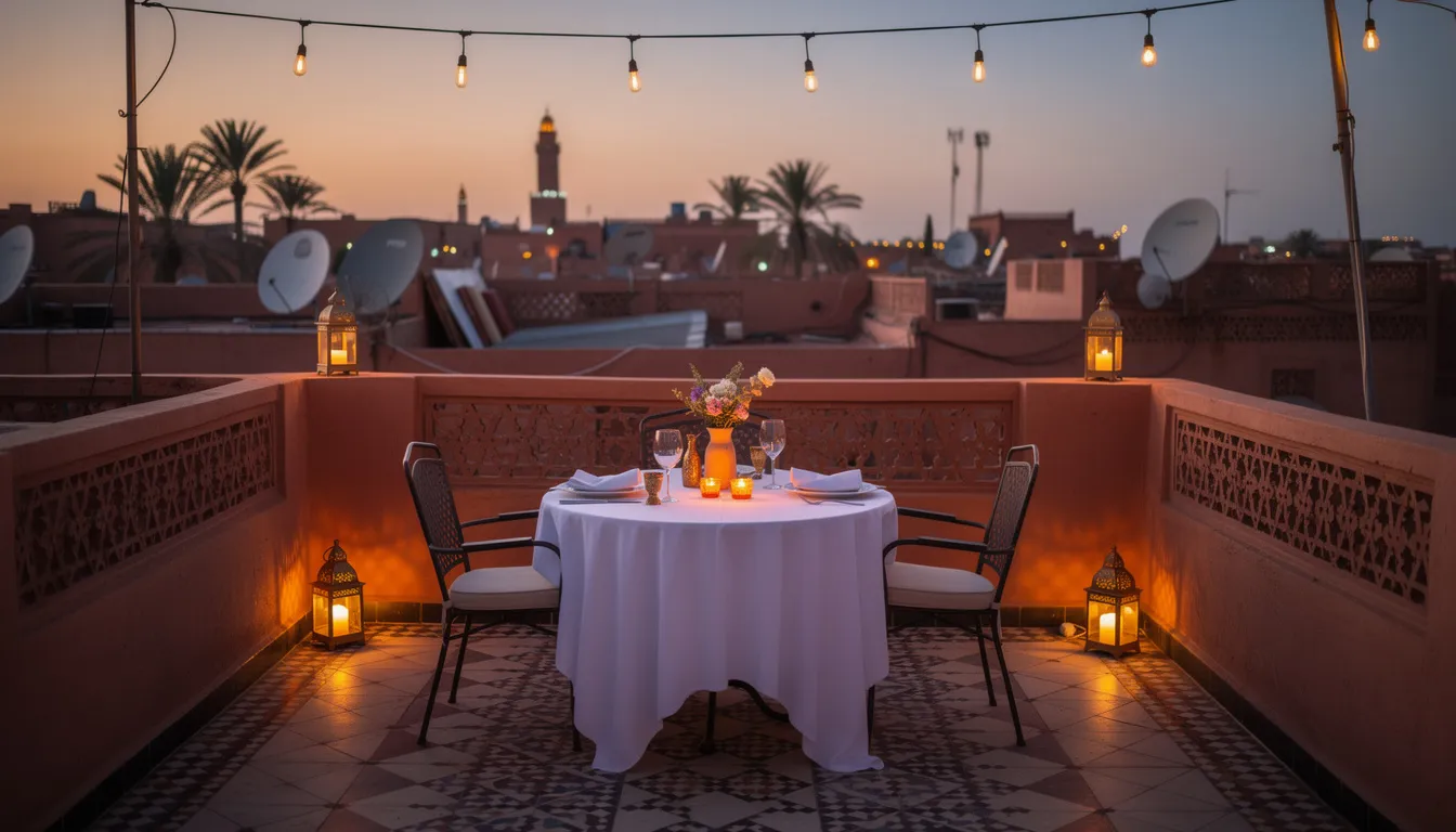 A romantic rooftop dinner setup is elegantly arranged with flickering candles, offering a breathtaking view of a Moroccan medina at dusk. This enchanting scene captures the essence of Moroccan culture, perfect for couples looking to explore Morocco with holiday packages that include stunning landscapes and rich history.