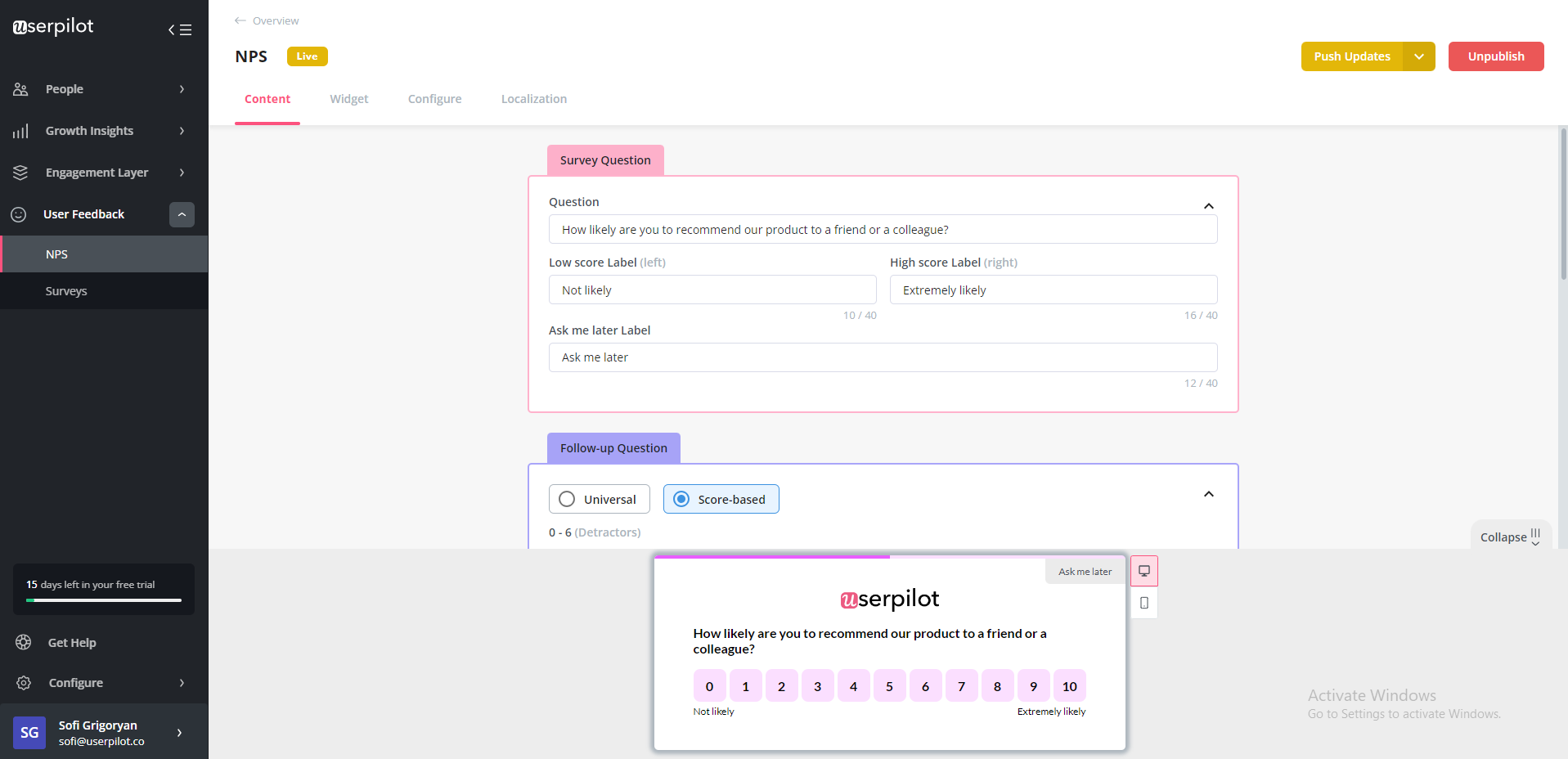 Create NPS surveys code-free with Userpilot