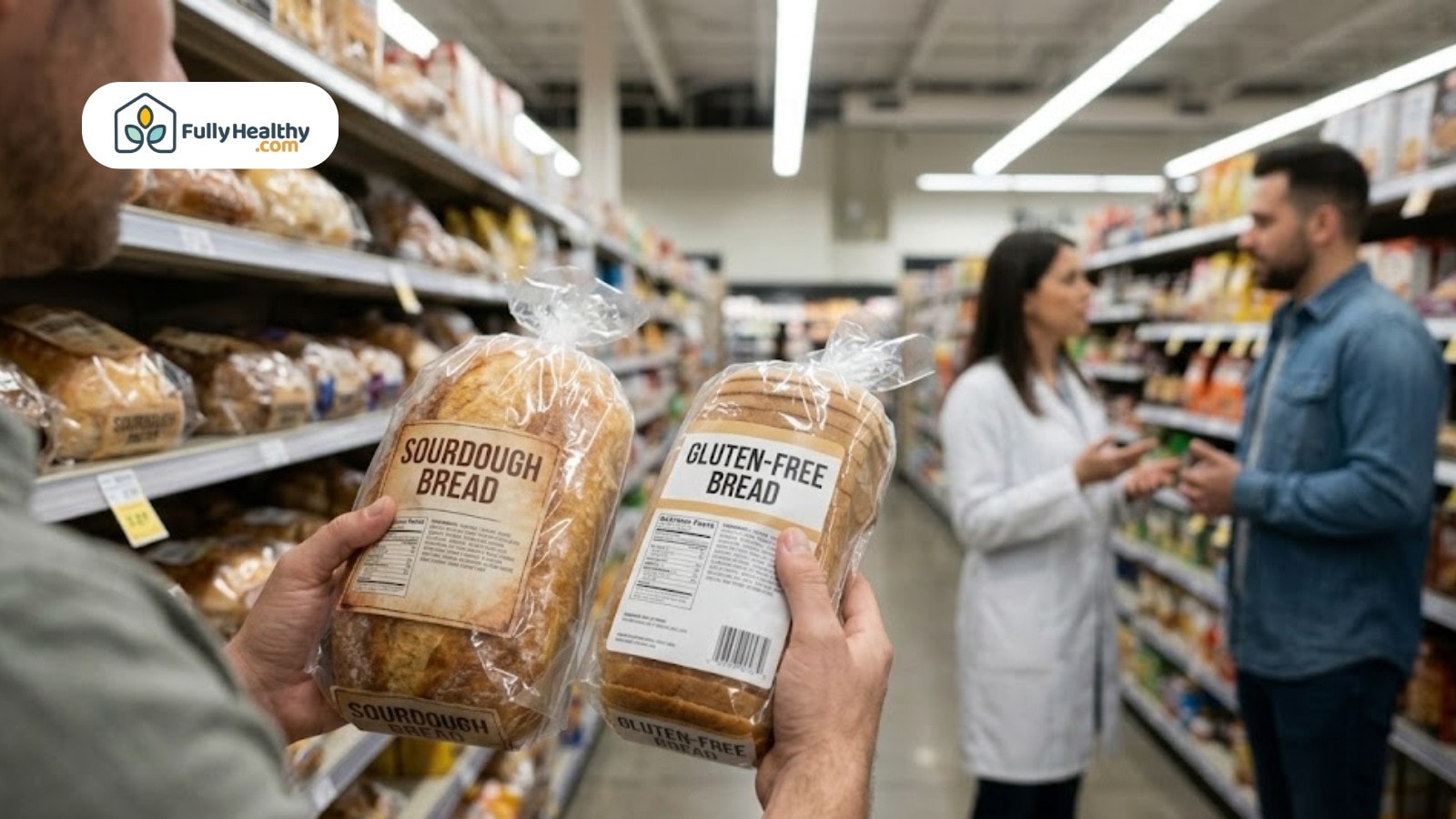 Person comparing sourdough and gluten-free bread in store
