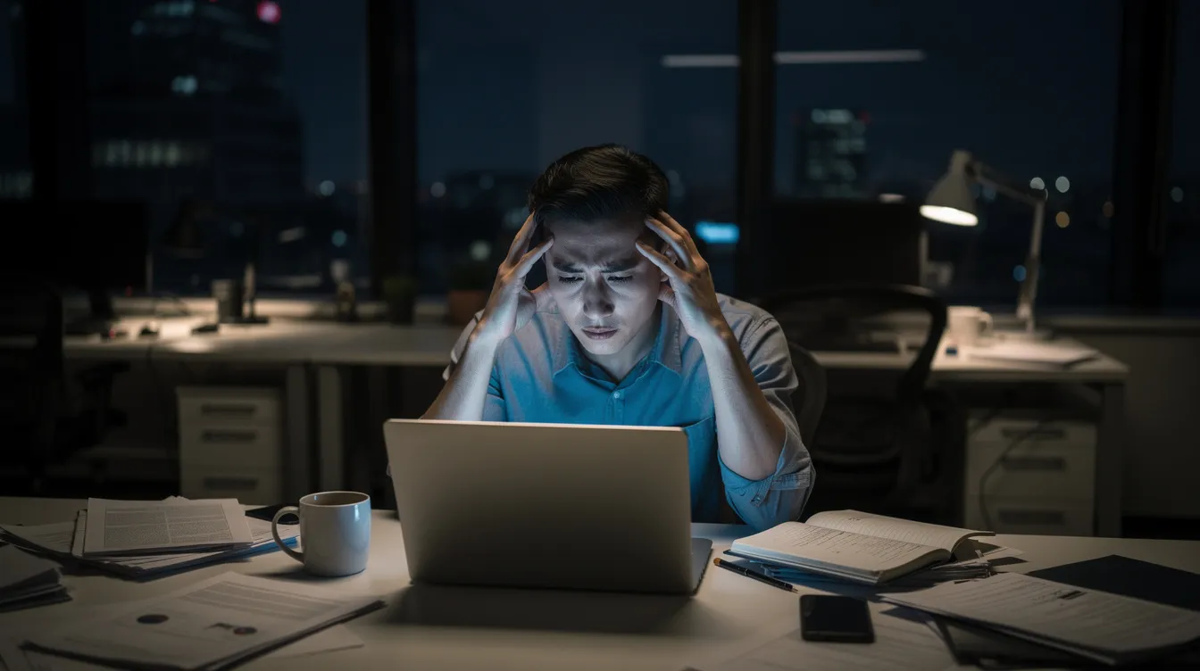 A weary individual sits at a desk in a dimly lit office, rubbing their temples in an effort to manage the stress responses of their nervous system while a laptop glows in front of them. This scene reflects the challenges of chronic stress and the need for effective nervous system regulation techniques to foster emotional resilience and mental health.