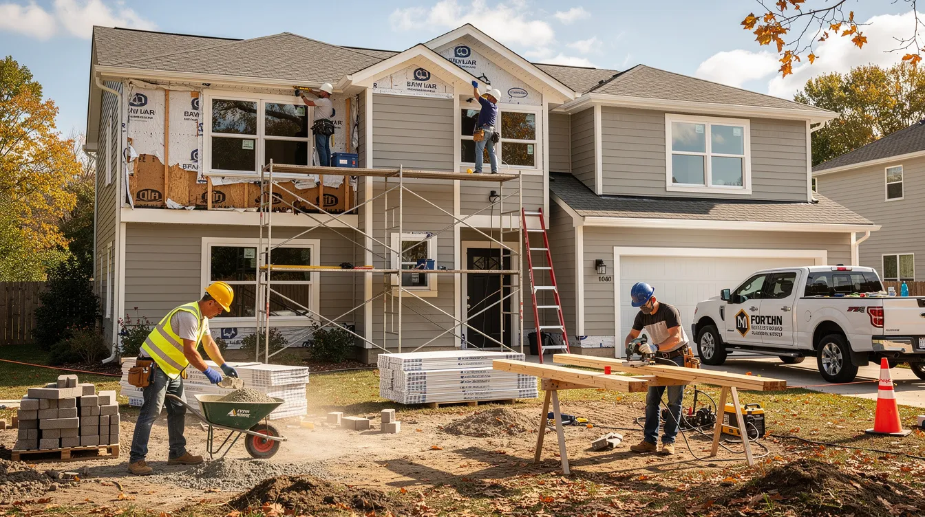 A construction crew is busy working on the exterior renovation of a residential property, with workers using tools and equipment to enhance the home's appearance. This scene reflects the importance of home improvements, which can increase property value and equity, making it a relevant aspect for those considering a home equity line or investment property options.