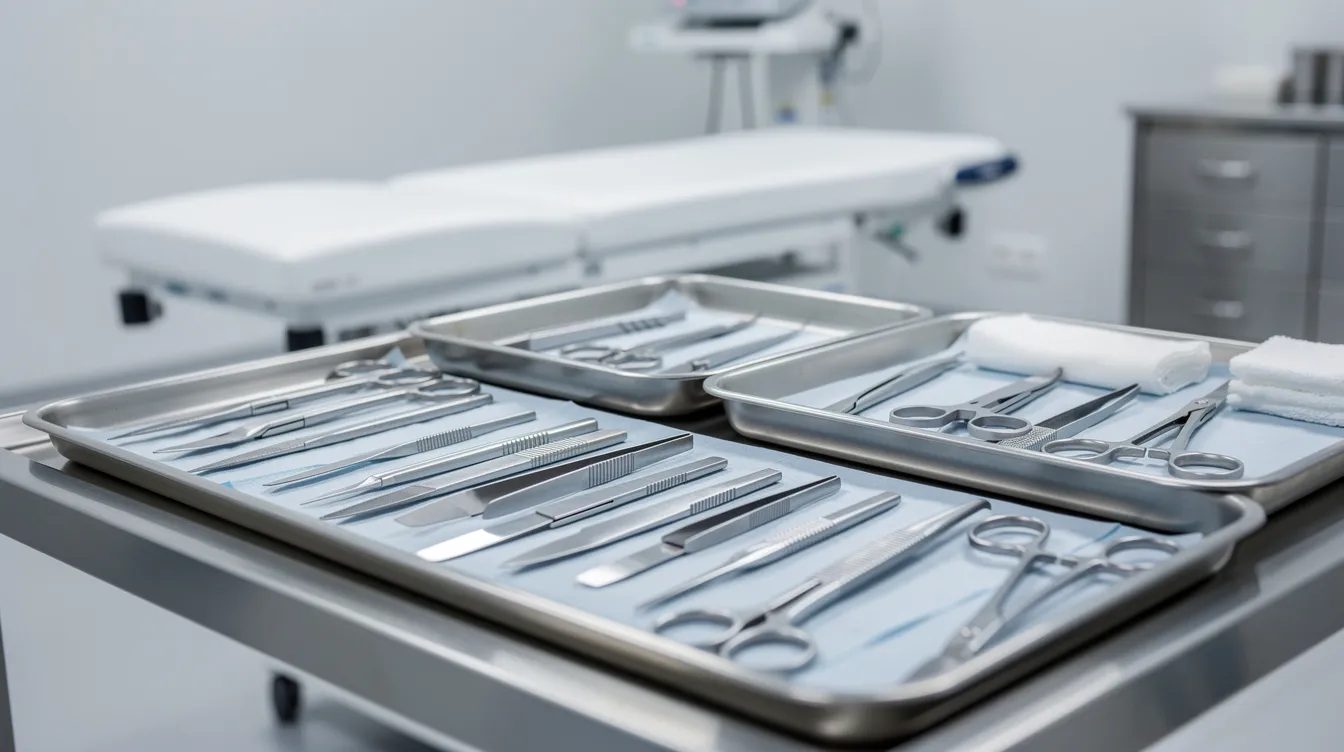 The image features a clean surgical room with neatly arranged medical tools, creating a sterile environment for procedures like laser liposuction on arms. This setup is ideal for performing minimally invasive procedures aimed at removing stubborn arm fat and achieving sculpted, toned arms.
