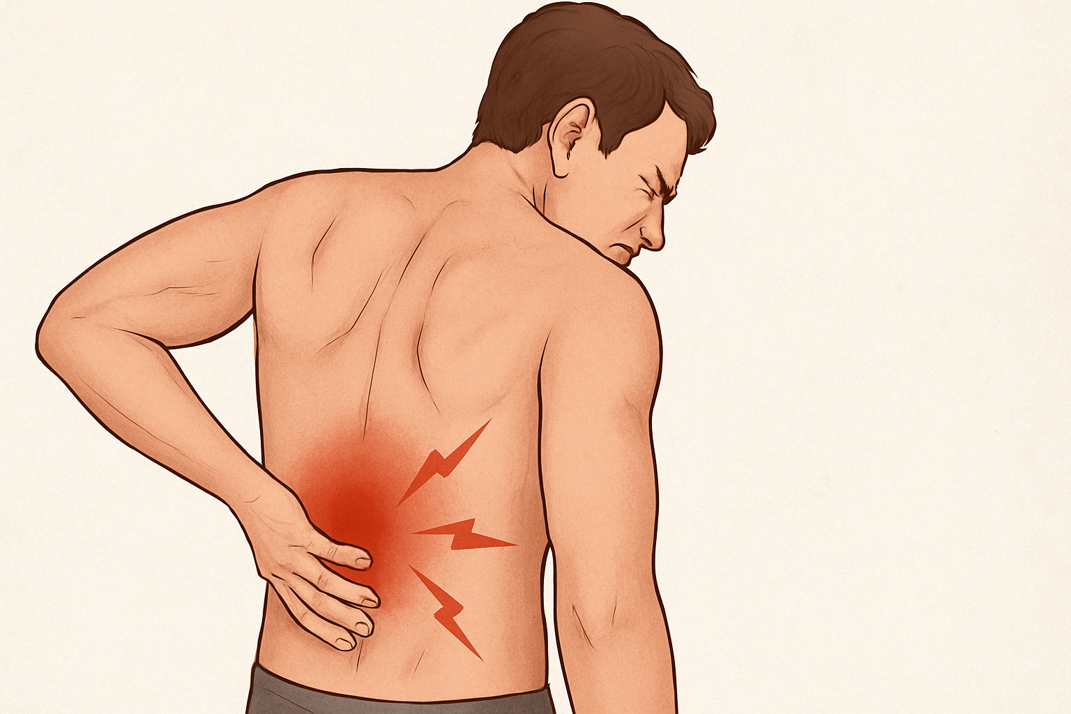 Rødt markert smerteområde i korsrygg, typisk for akutt lumbago.