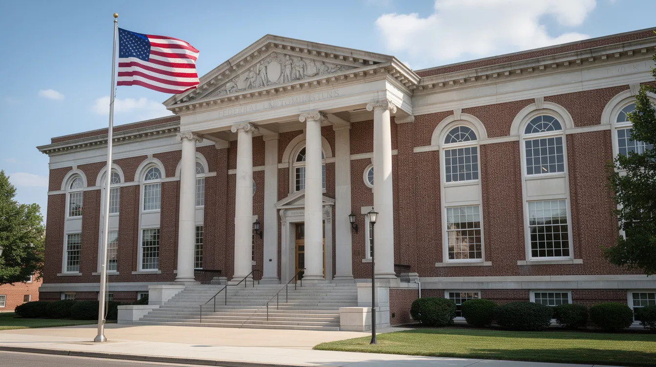 The image depicts a grand brick federal courthouse building featuring tall columns and an American flag waving in front. This structure symbolizes the federal district court where social security disability appeals may be processed, highlighting the importance of legal support in the appeals council review process.
