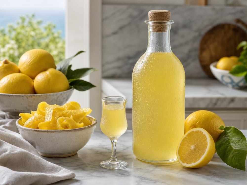 Fresh lemons, lemon peels, and chilled limoncello on a marble kitchen counter.