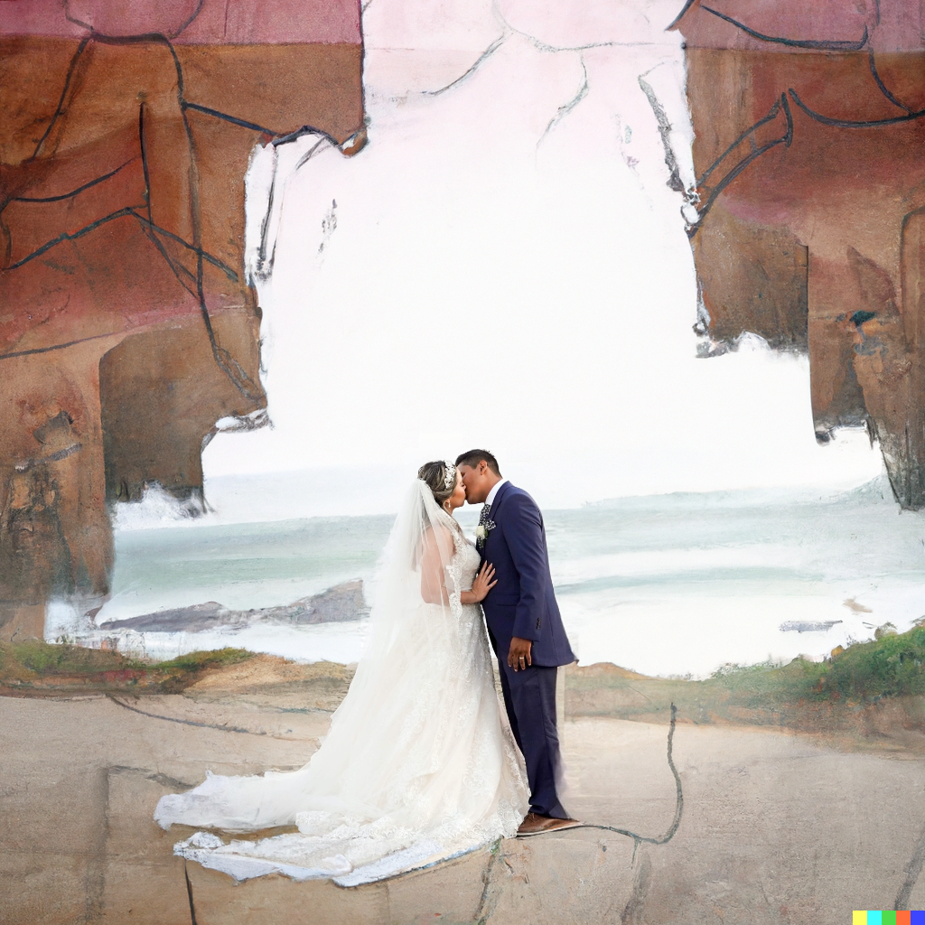 The couple kissing has not been altered, but they are no longer on a beach. Instead they are in a cave looking out on the sea.