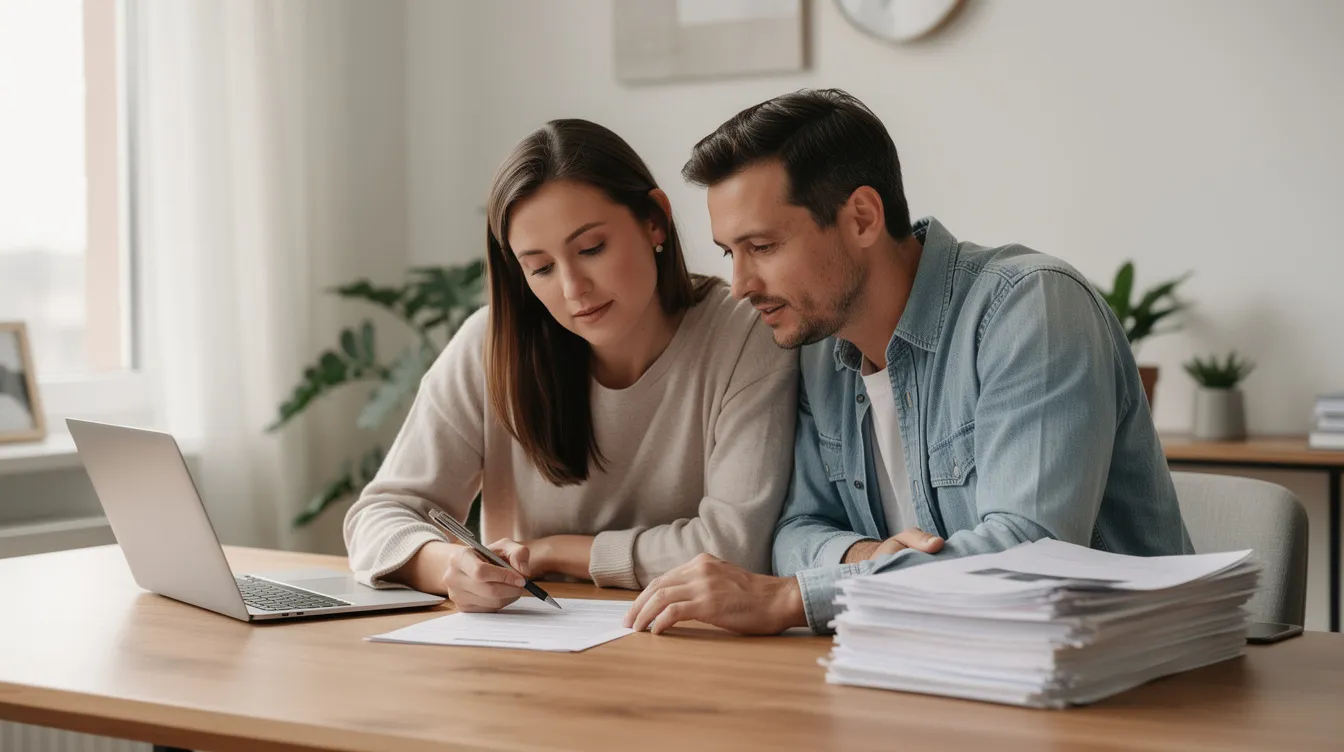 A couple is seated at a desk, reviewing paperwork together, likely related to their marriage license or marriage certificate. The scene emphasizes the importance of documents required for marriage, such as identity verification and age requirements, which may be processed through the county clerk's office in El Paso, Texas.