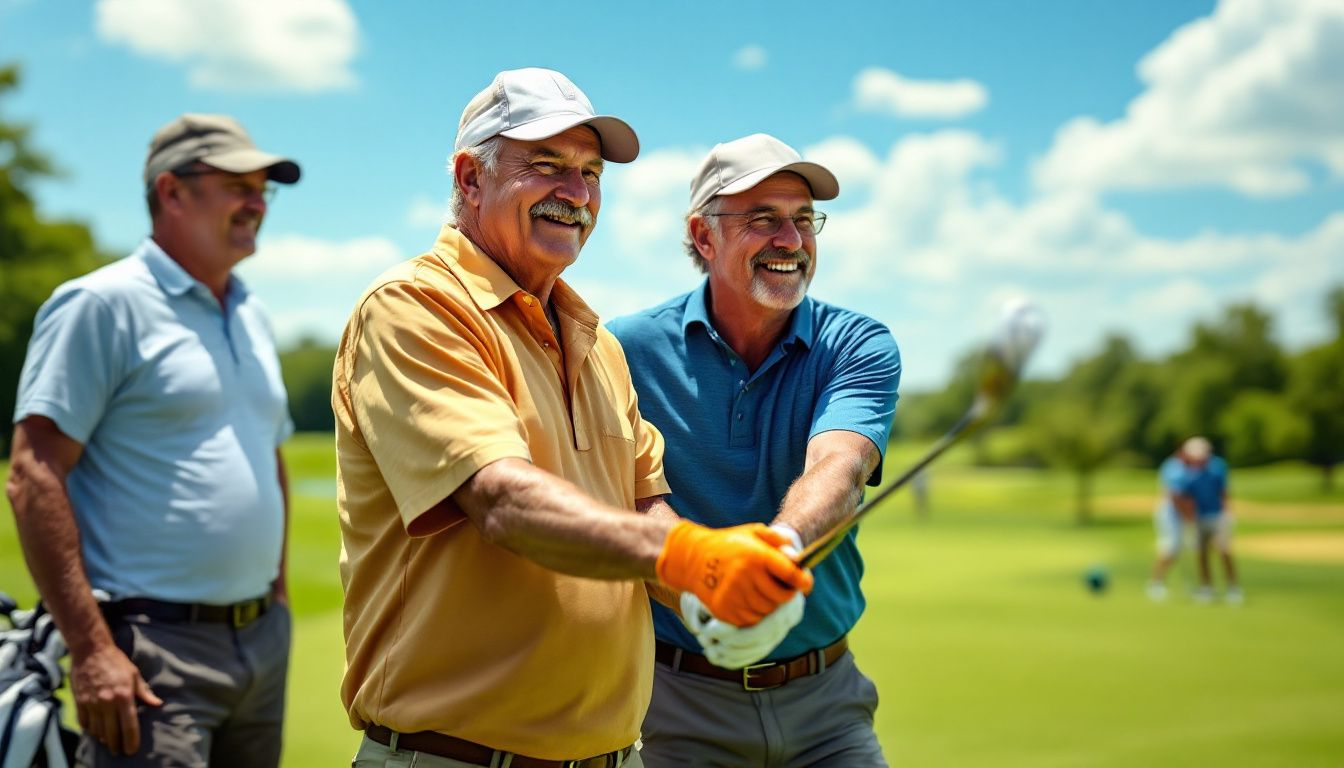 An adult golfer taking beginner golf lessons on a sunny day.