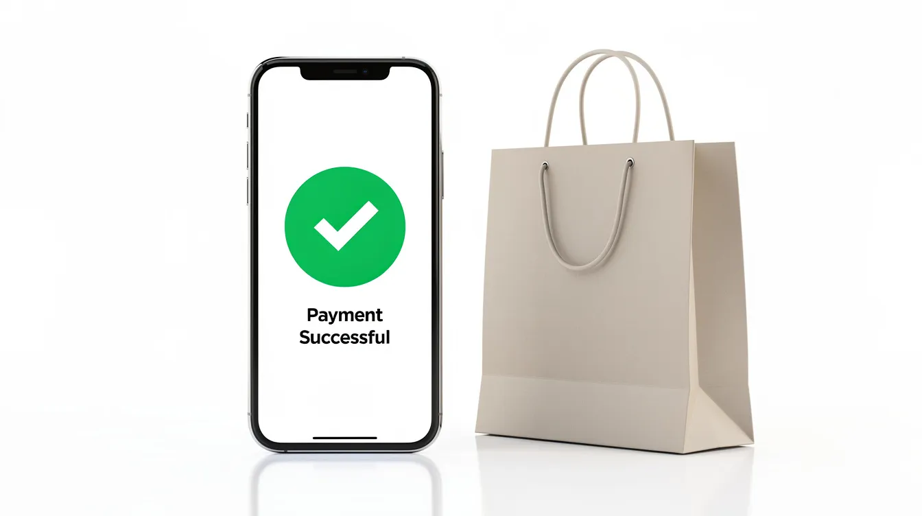 A smartphone shows a payment confirmation checkmark on its screen, indicating a successful transaction, while a shopping bag sits beside it, suggesting a completed online purchase. This image represents the ease of accepting payments through various payment methods and highlights the importance of reliable payment gateways for online transactions.