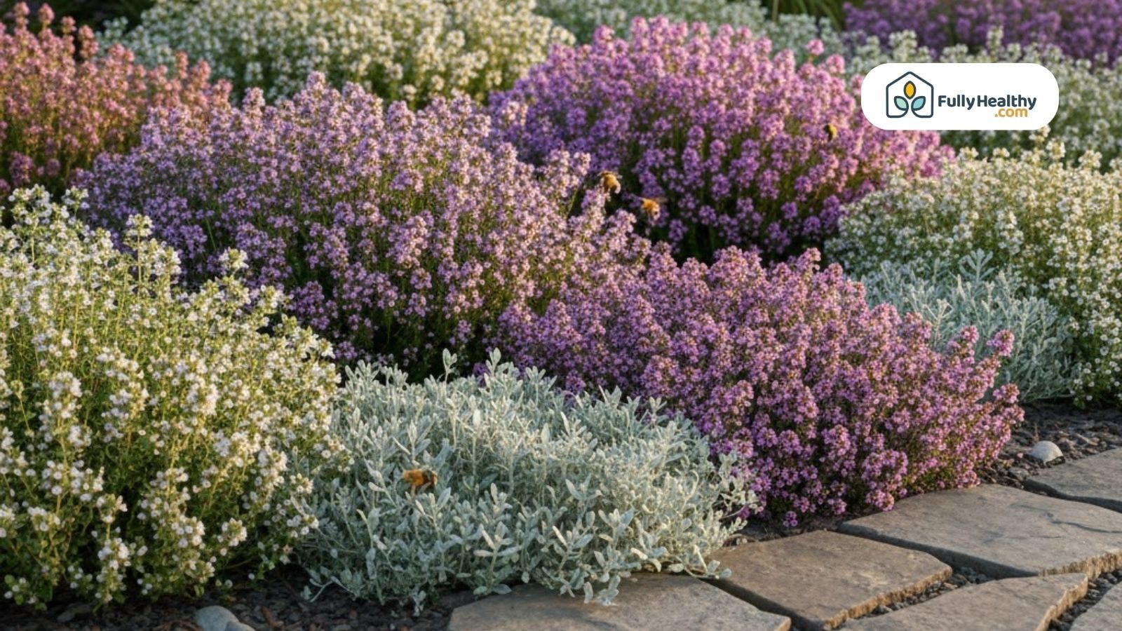 Flowering thyme varieties blooming in a colorful perennial herb garden path
