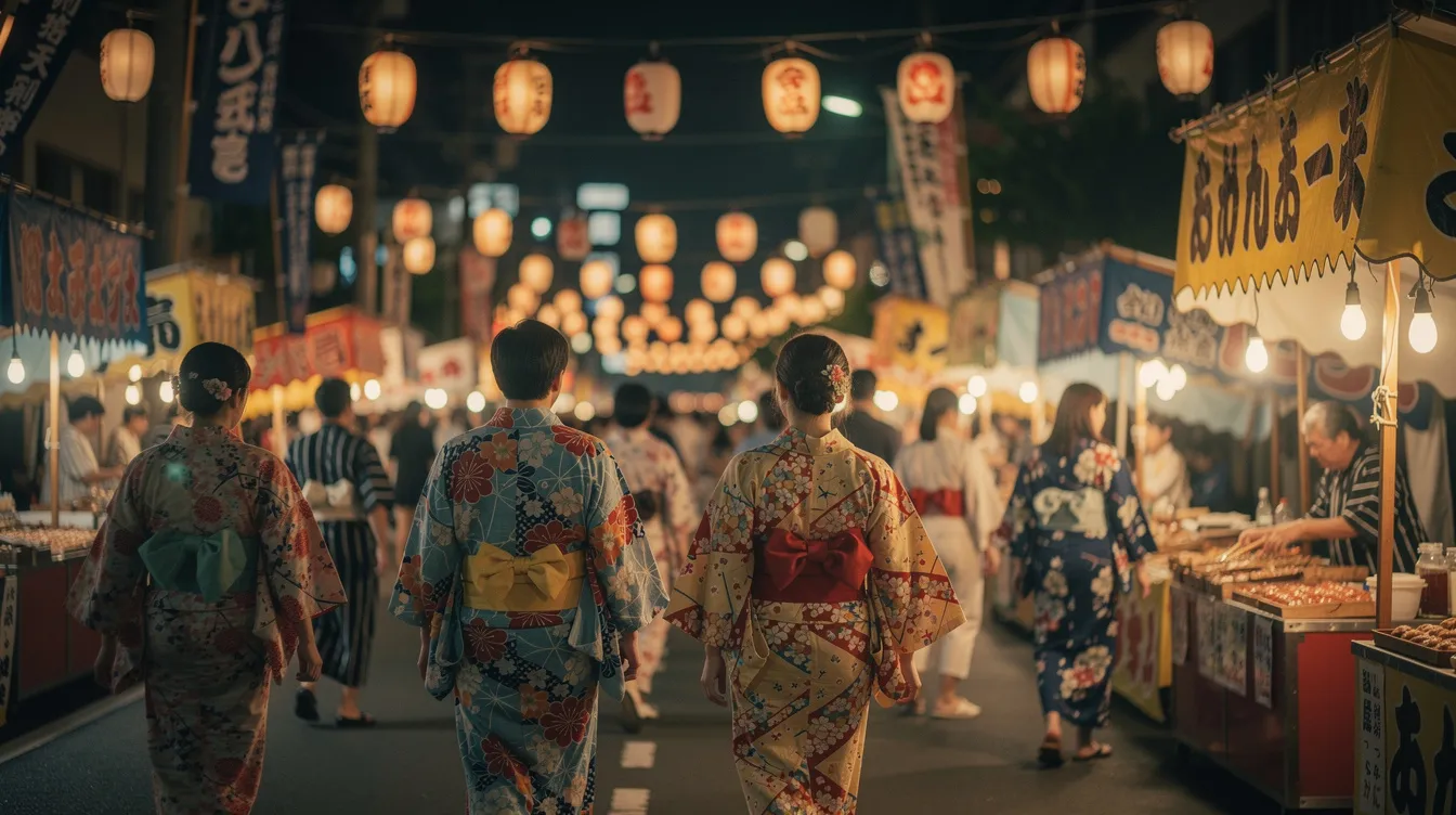 Travelers dressed in vibrant yukata stroll beneath glowing lanterns during a lively Japanese summer festival, surrounded by food stalls and festive decorations. The scene captures the essence of traditional celebrations, showcasing the rich culture and history of Japan.