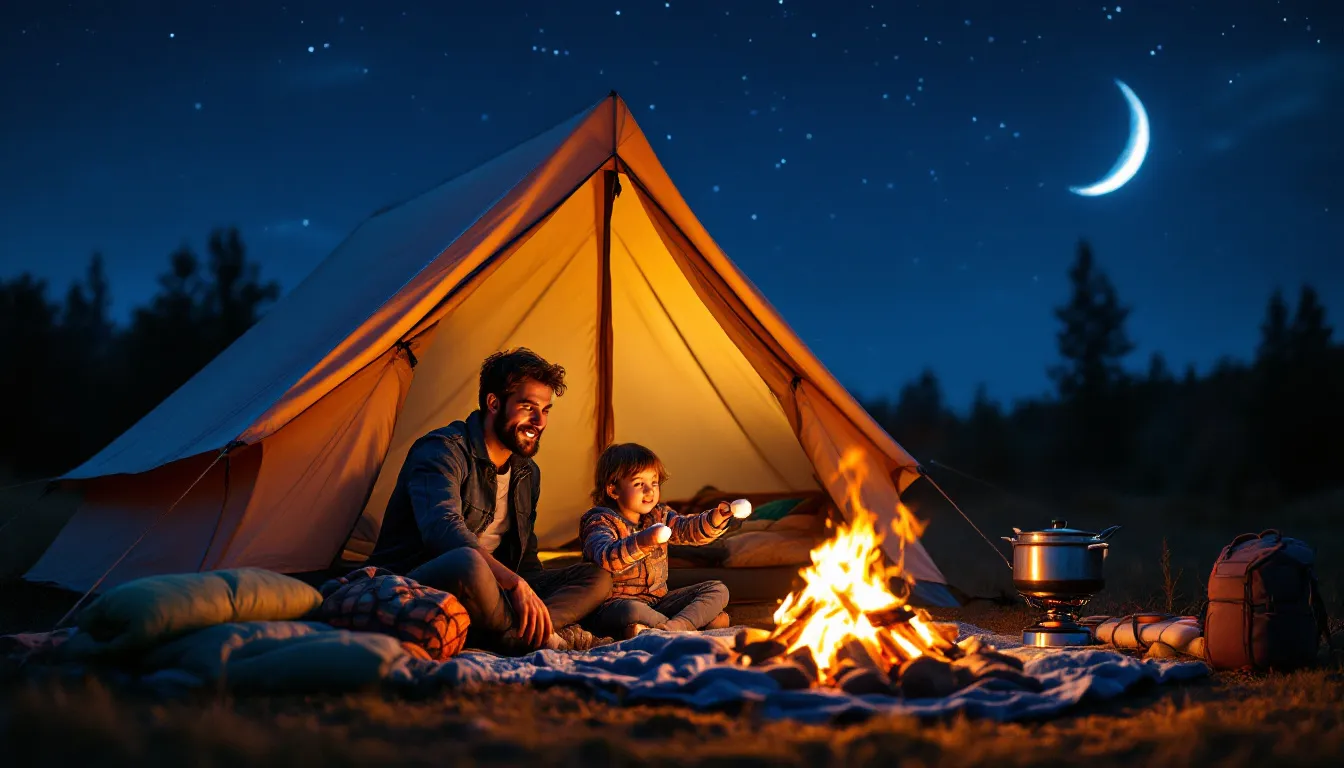 A cozy campsite at dusk features a glowing tent and neatly arranged camping gear, with a father and child roasting marshmallows by a crackling campfire under a starry sky, embodying the spirit of outdoor adventures and memorable moments in the great outdoors.