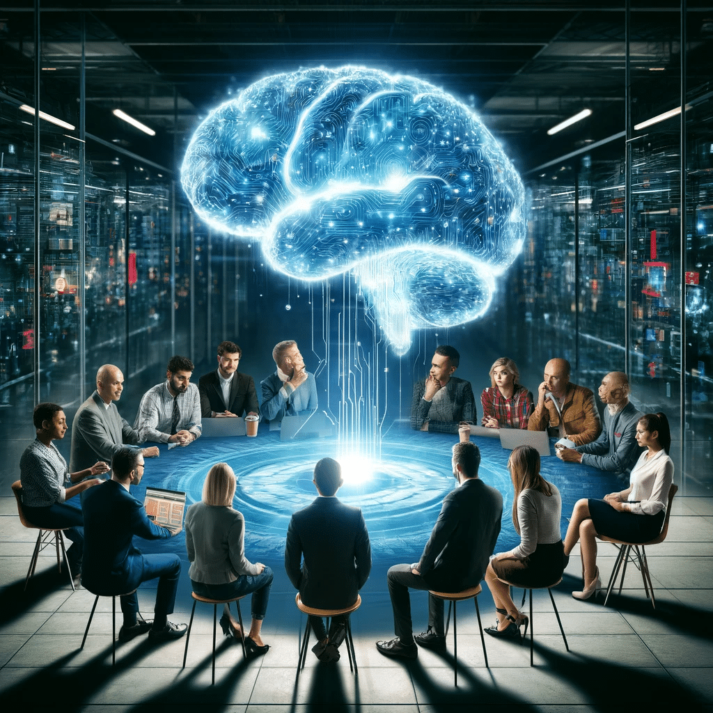 Empresarios alrededor de proyección holográfica cerebral | Posiciona.Digital