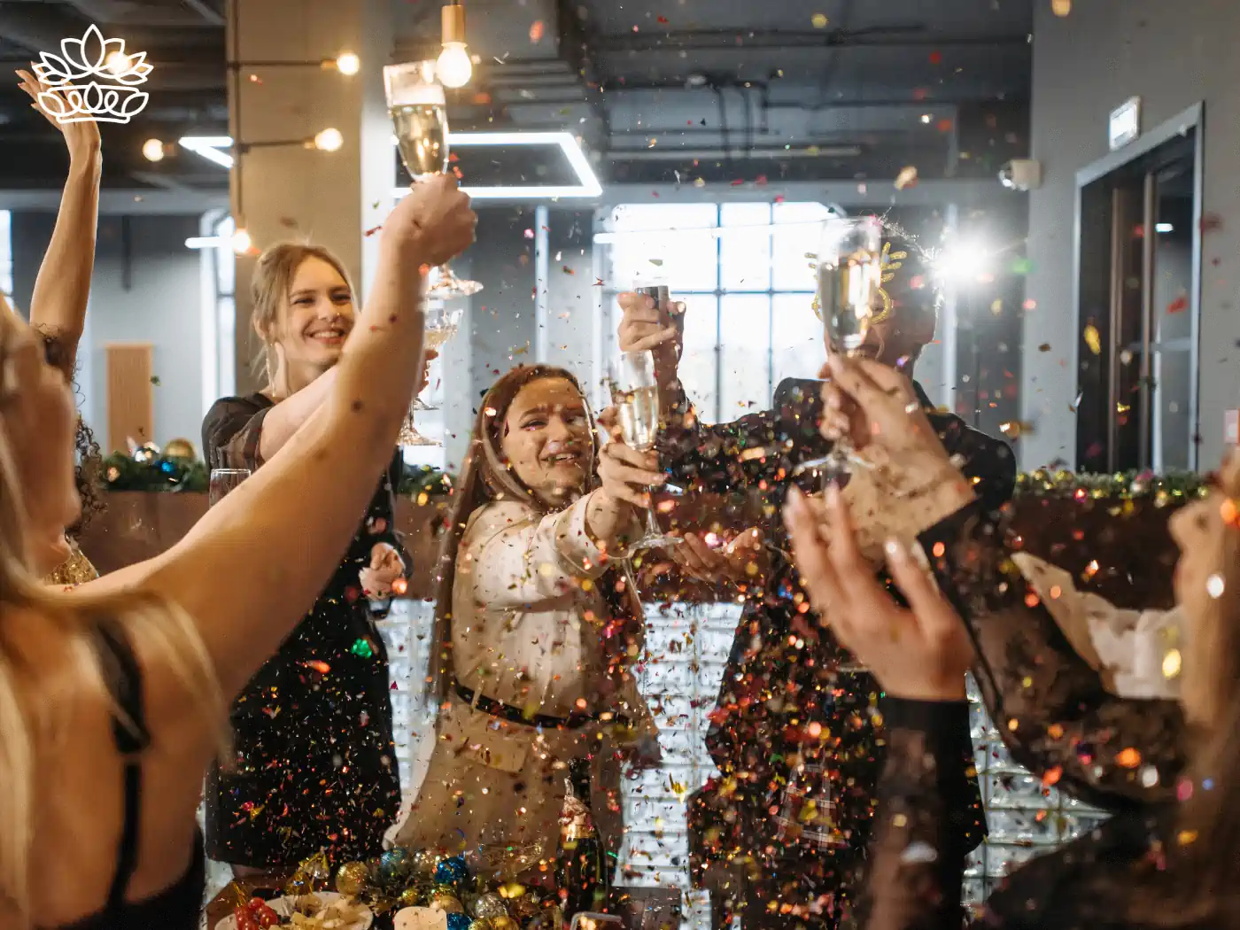 ose-up of hands toasting with champagne glasses amid golden confetti, highlighting the "Jubilee" collection by Fabulous Flowers and Gifts.