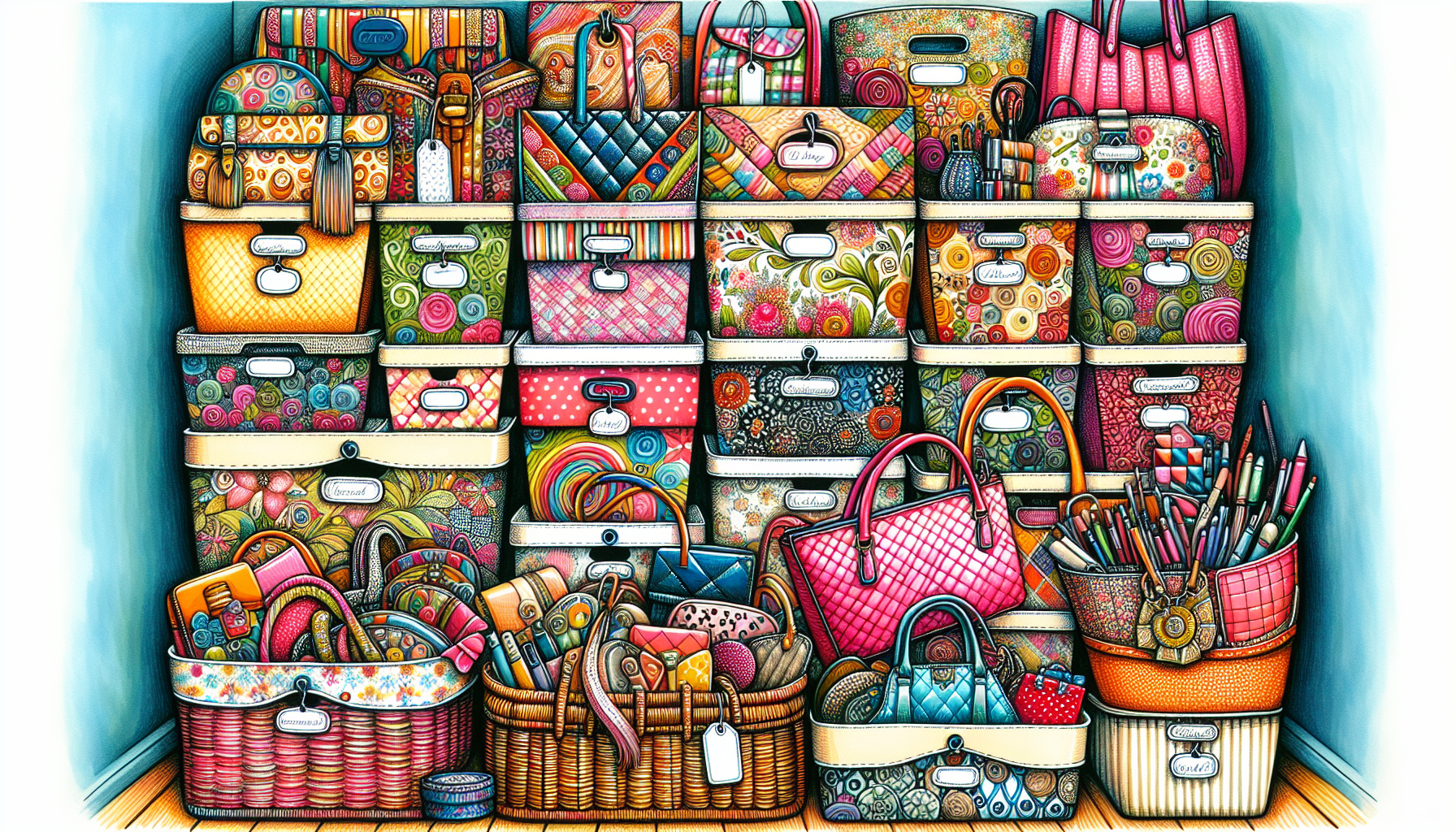 An artistic depiction of creative storage bins and baskets for organizing purses.