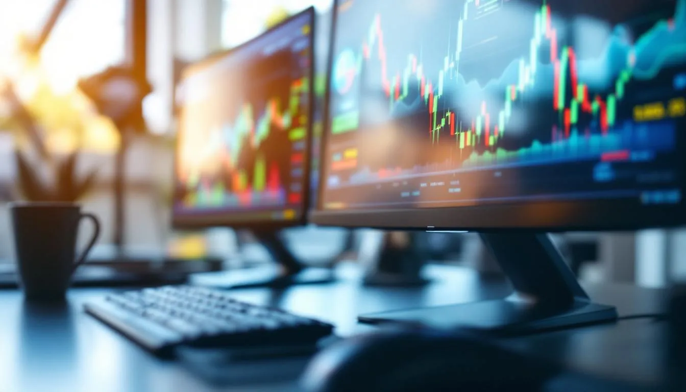 A close-up view of financial charts and graphs displayed on computer monitors, showcasing data relevant to the private equity industry, including fund performance and deal execution metrics. The image highlights the analytical nature of roles within private equity firms and investment banking, emphasizing the importance of financial modeling and market research in decision-making processes.