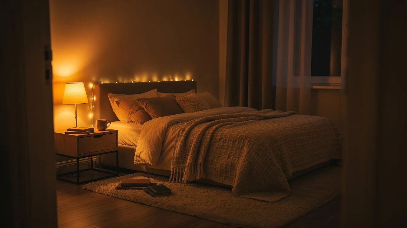 The image features a dimly lit cozy bedroom with soft warm lighting, creating a calming atmosphere ideal for winding down and overcoming sleep anxiety. This serene setting invites relaxation and encourages better sleep habits, perfect for those struggling with racing thoughts or insomnia.