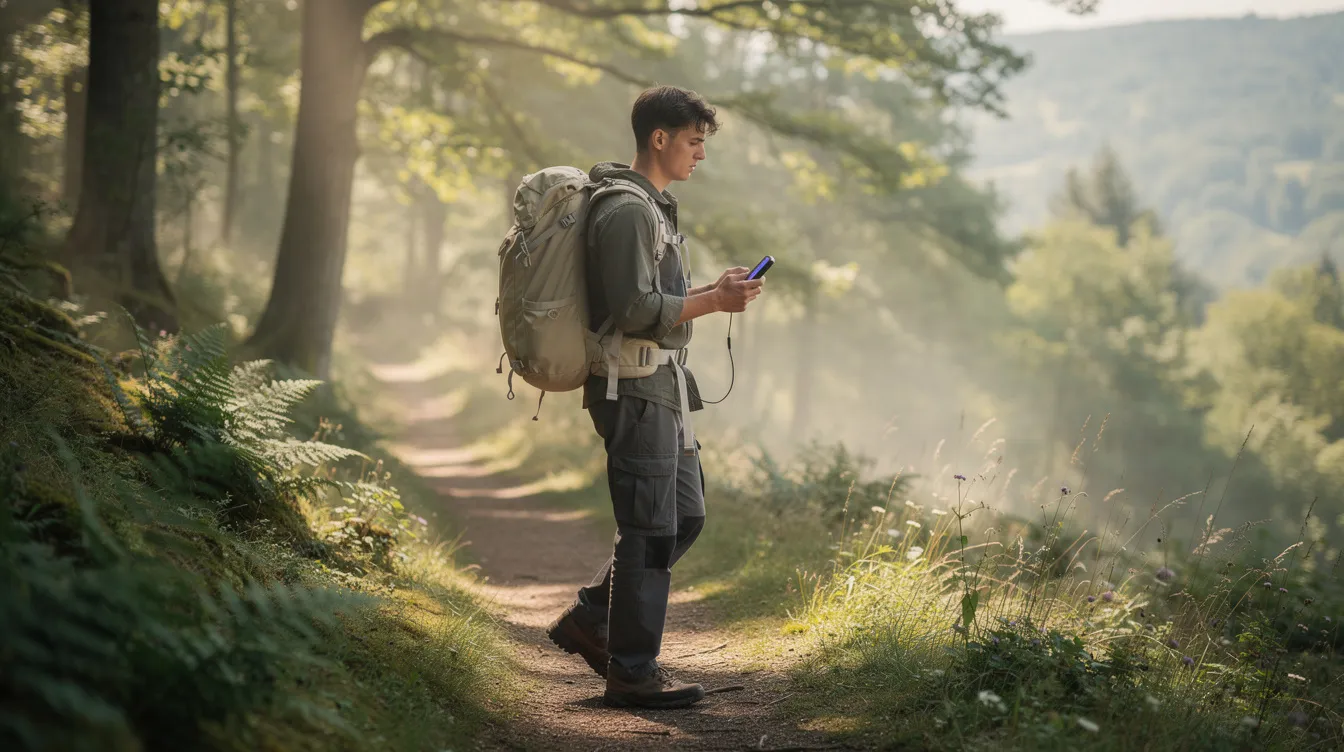 Ein Wanderer steht in der Natur und hält ein kleines tragbares Gerät, das als Vaporizer dient. Dieser tragbare Kräutervaporizer ist leicht zu bedienen und ideal für unterwegs, um die Aromen von Kräutern zu genießen.