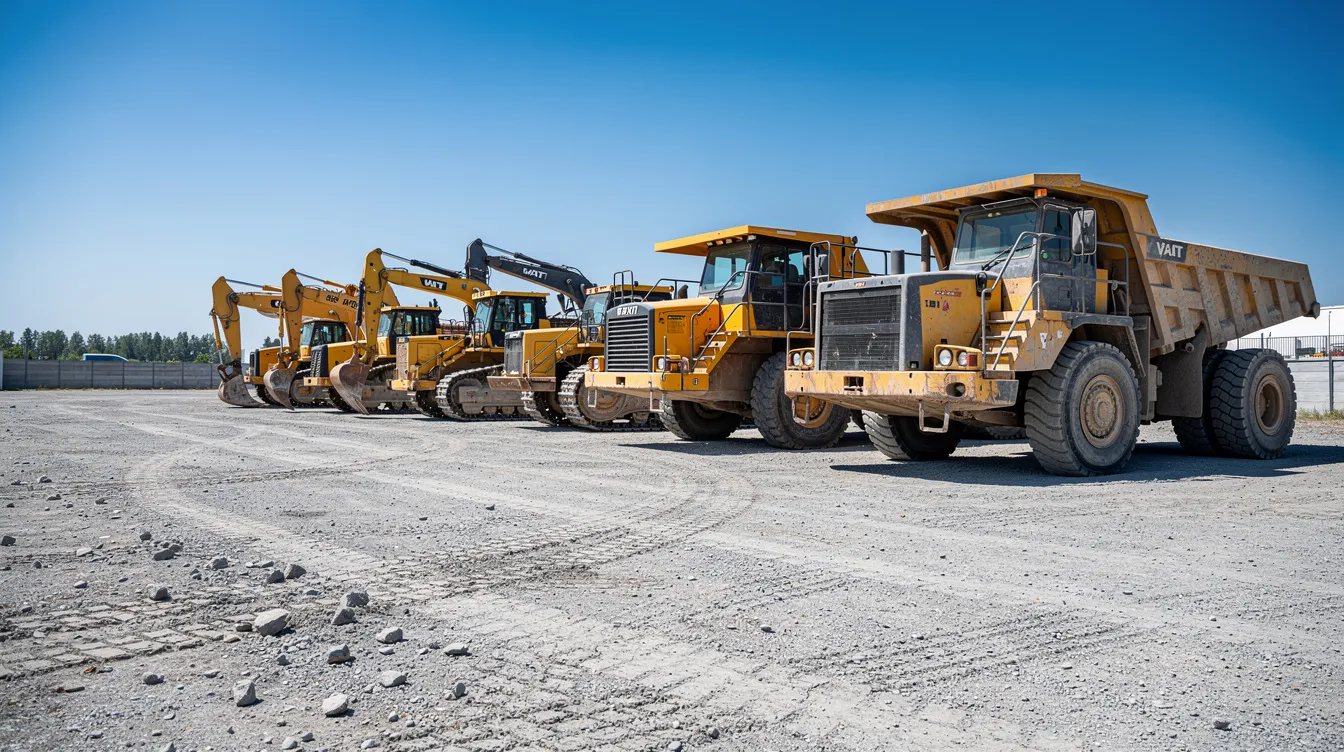 A row of heavy construction equipment, including excavators and dump trucks, is parked in a gravel yard under a clear sky, showcasing the variety of industrial machinery available for sale. This scene highlights the potential for buyers to sell their equipment or trade in surplus equipment for immediate cash and working capital.