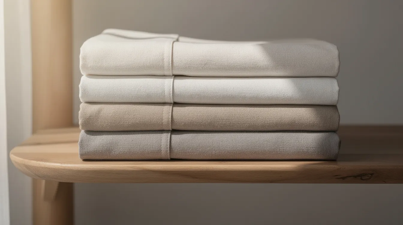A neatly folded stack of clean organic cotton sheets in soft neutral tones sits on a wooden shelf, showcasing flat sheets, fitted sheets, and pillowcases that are perfect for a queen size bed. The crisp cotton percale fabric offers a luxurious and breathable feel, ideal for a cozy night's sleep.