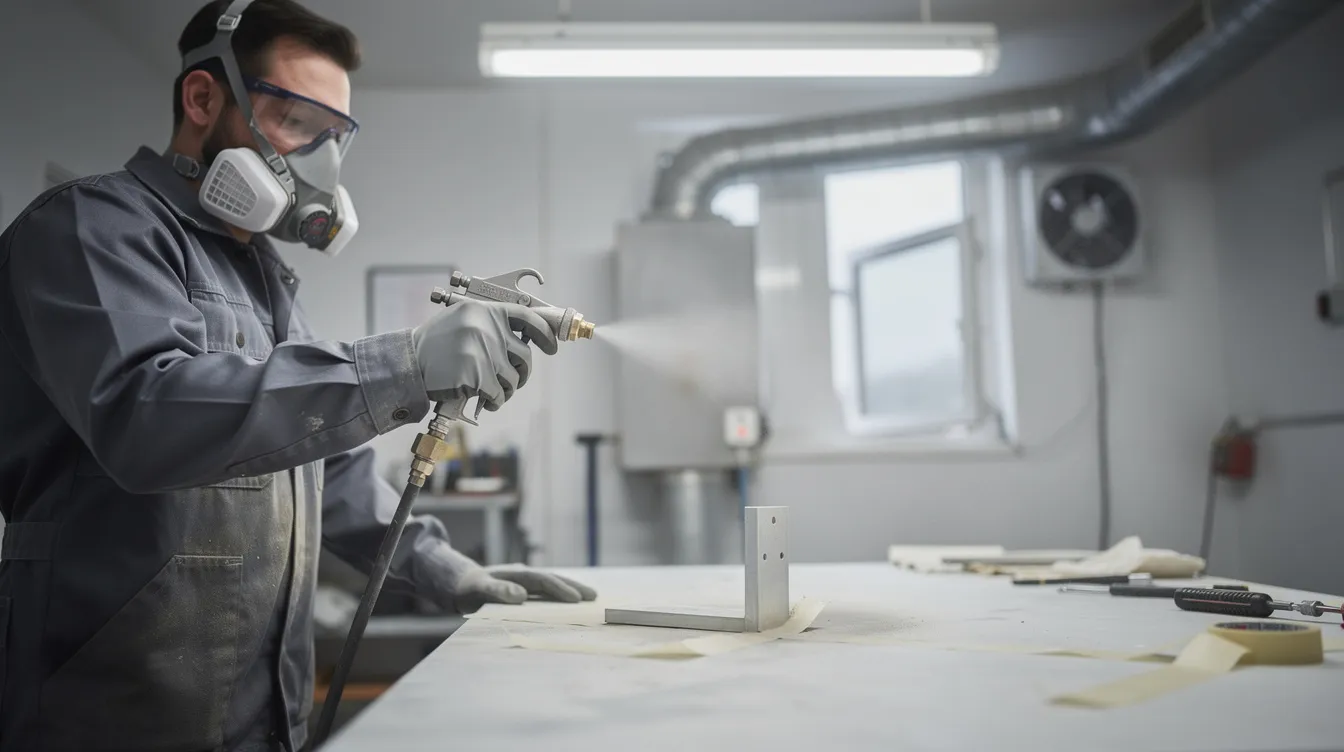 A technician wearing gloves is applying a self-etching primer to a small raw aluminum bracket using a spray paint method in a well-ventilated workshop. The technician is ensuring even coverage with light coats to enhance adhesion before applying a top coat.