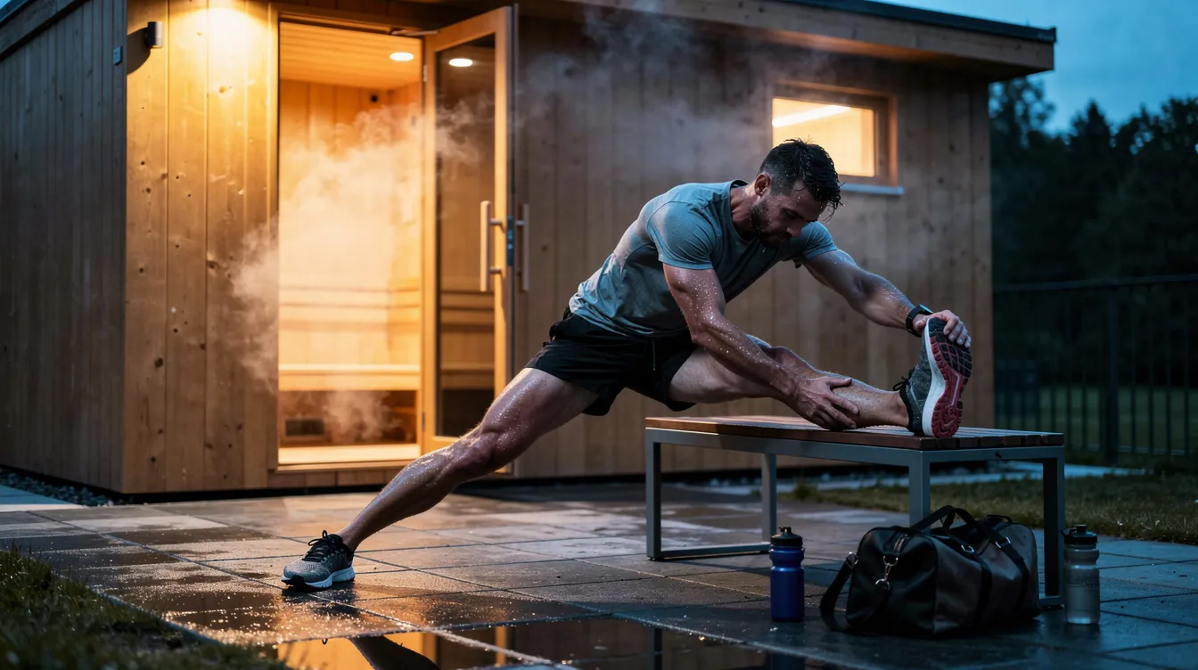 An athlete is seen stretching beside a sauna cabin after an intense workout session, emphasizing the importance of post-exercise muscle recovery and relaxation. This moment highlights the benefits of incorporating sauna sessions into a wellness routine for enhanced blood flow and stress relief.