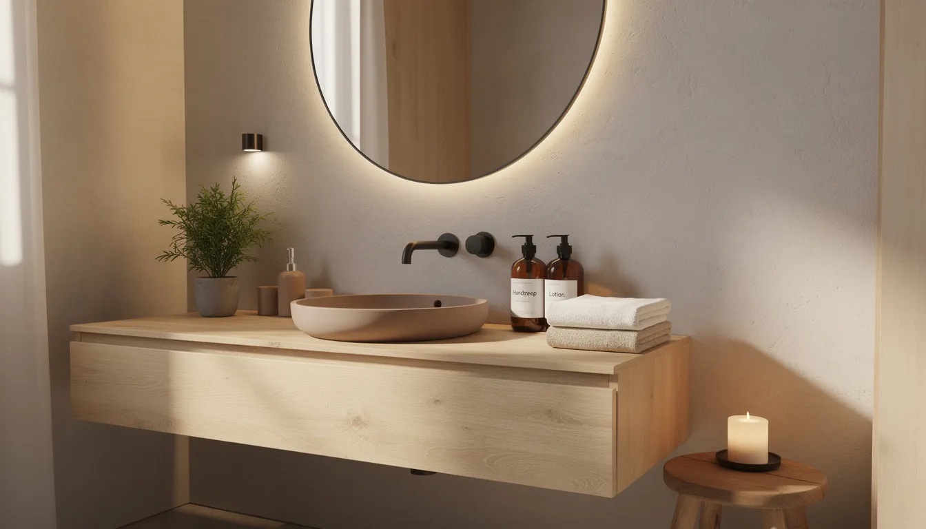 Een warme badkamerhoek met stijlvolle accessoires en designverlichting, waar de houten accenten een moderne uitstraling geven. De ruimte is voorzien van badkamer wandpanelen die perfect geschikt zijn voor vochtige ruimtes en een nette afwerking bieden boven de bestaande tegels.