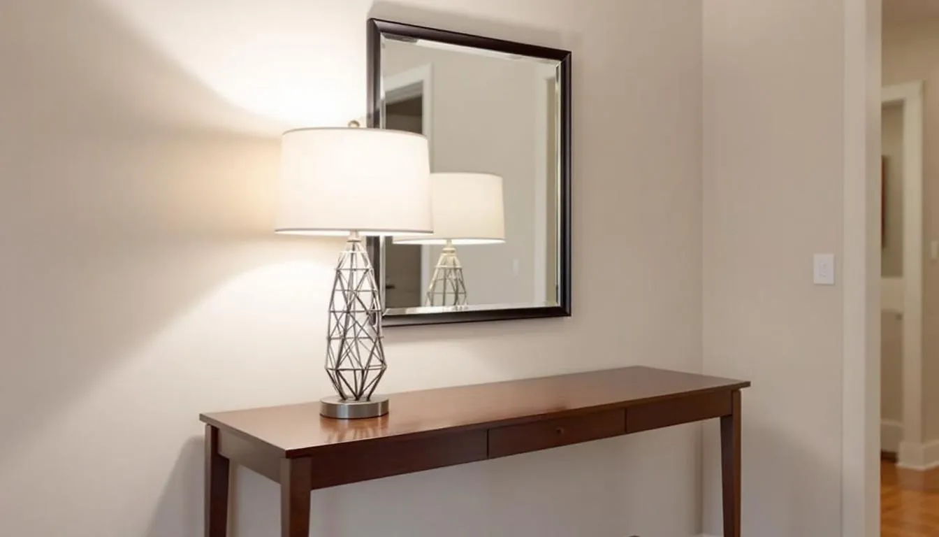A stylish hallway table, featuring a decorative lamp and a mirror above, enhances the entryway with elegance and functionality. This console table serves as a perfect piece for organizing keys and mail while complementing the overall decor of the living space.