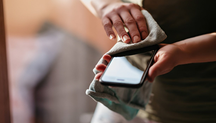 Sensitive phone screen is being cleaned with gentle microfiber towel