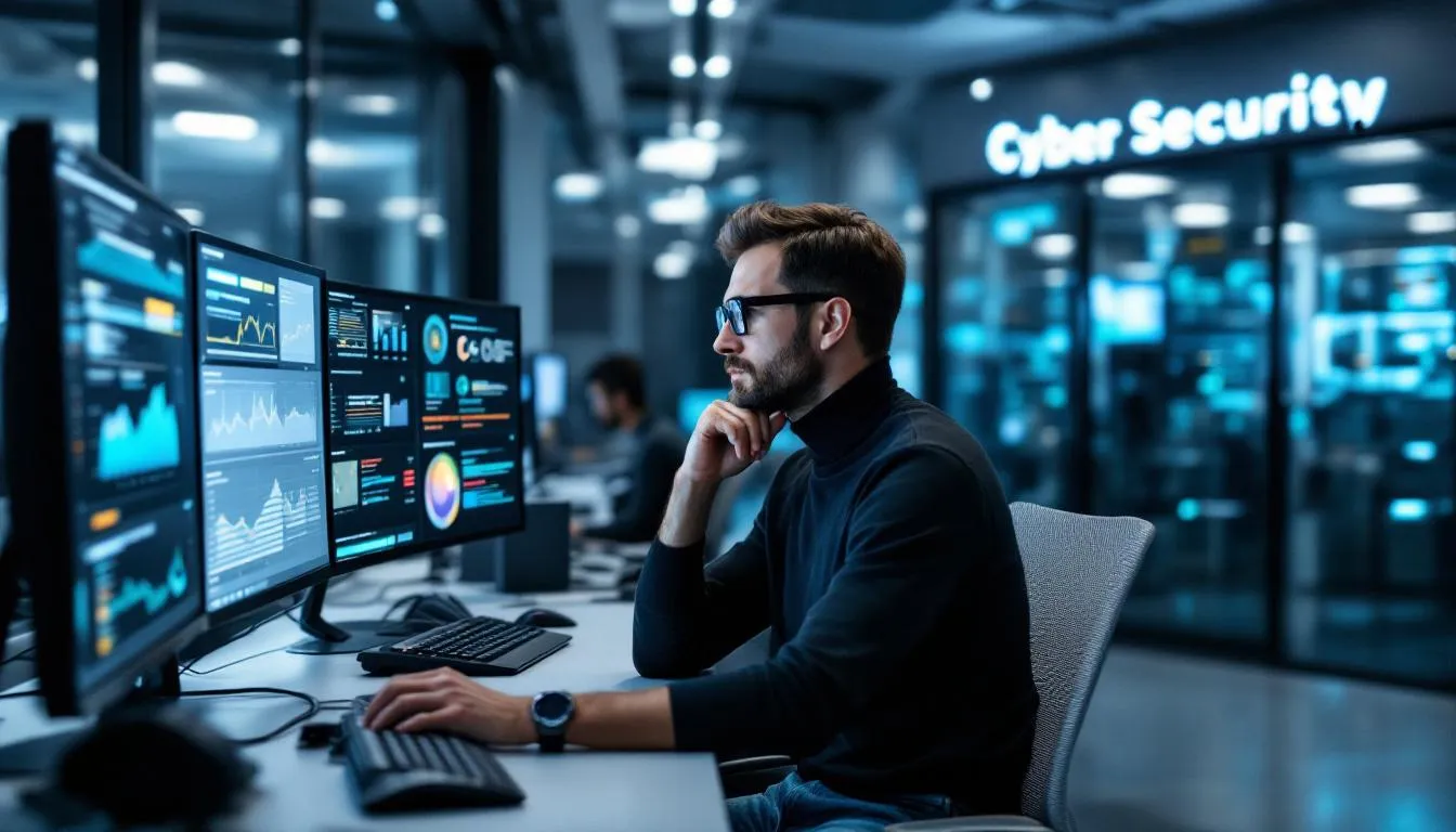A security analyst is focused on multiple monitors displaying various security dashboards and automated alert systems, showcasing the integration of security automation tools for enhanced threat detection and incident response. This setup allows the security team to efficiently manage security operations while minimizing manual intervention in routine security tasks.
