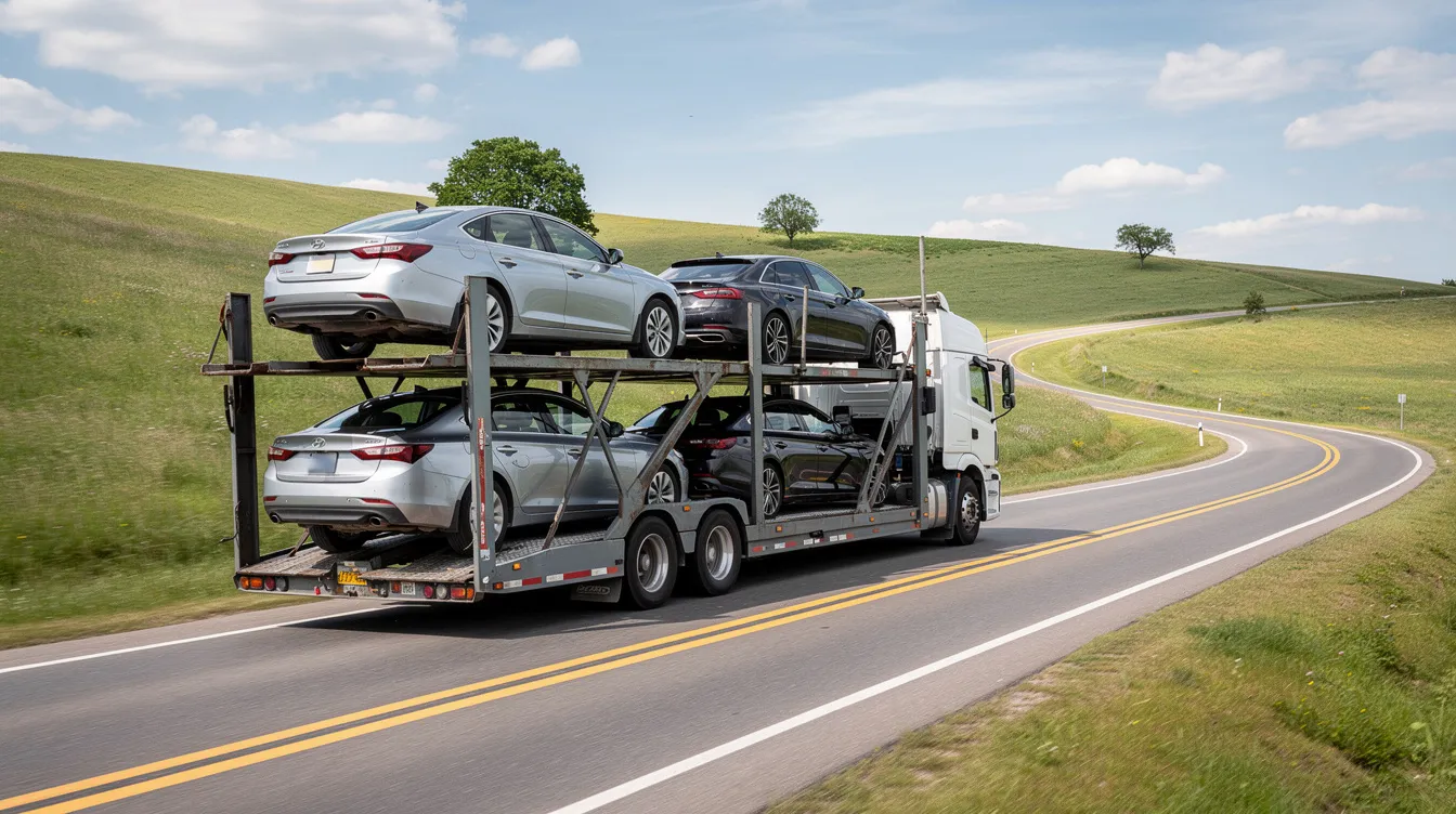 An open car carrier truck is driving along a rural highway, surrounded by lush green hills, showcasing the auto transport process. This scene highlights the reliable car shipping services available for transporting vehicles across Arkansas.