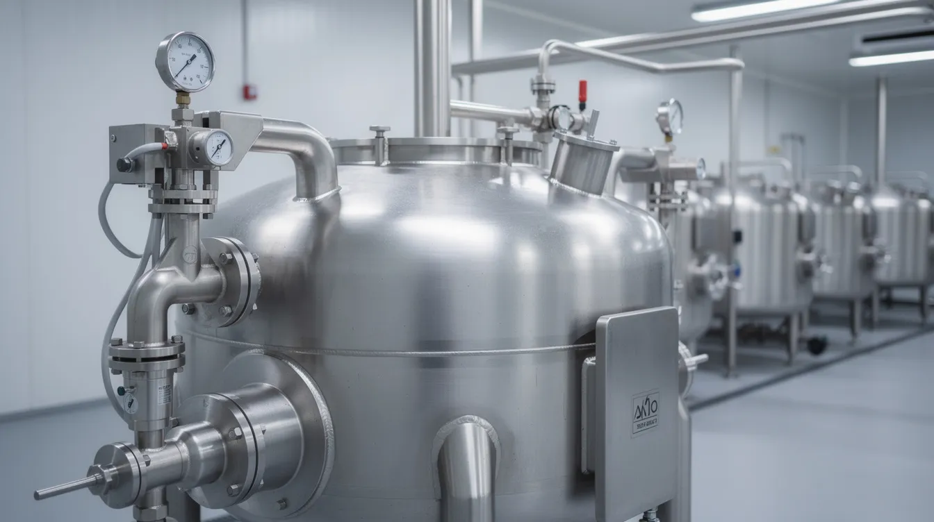 The image features a close-up view of a large stainless steel industrial homogeniser machine, essential for the dairy processing plant, which combines raw milk and other liquid ingredients in a rapid process to produce high-quality milk beverages. This automated dairy processing equipment plays a crucial role in enhancing food safety and extending the shelf life of products like flavored milk and sterilized milk beverages.