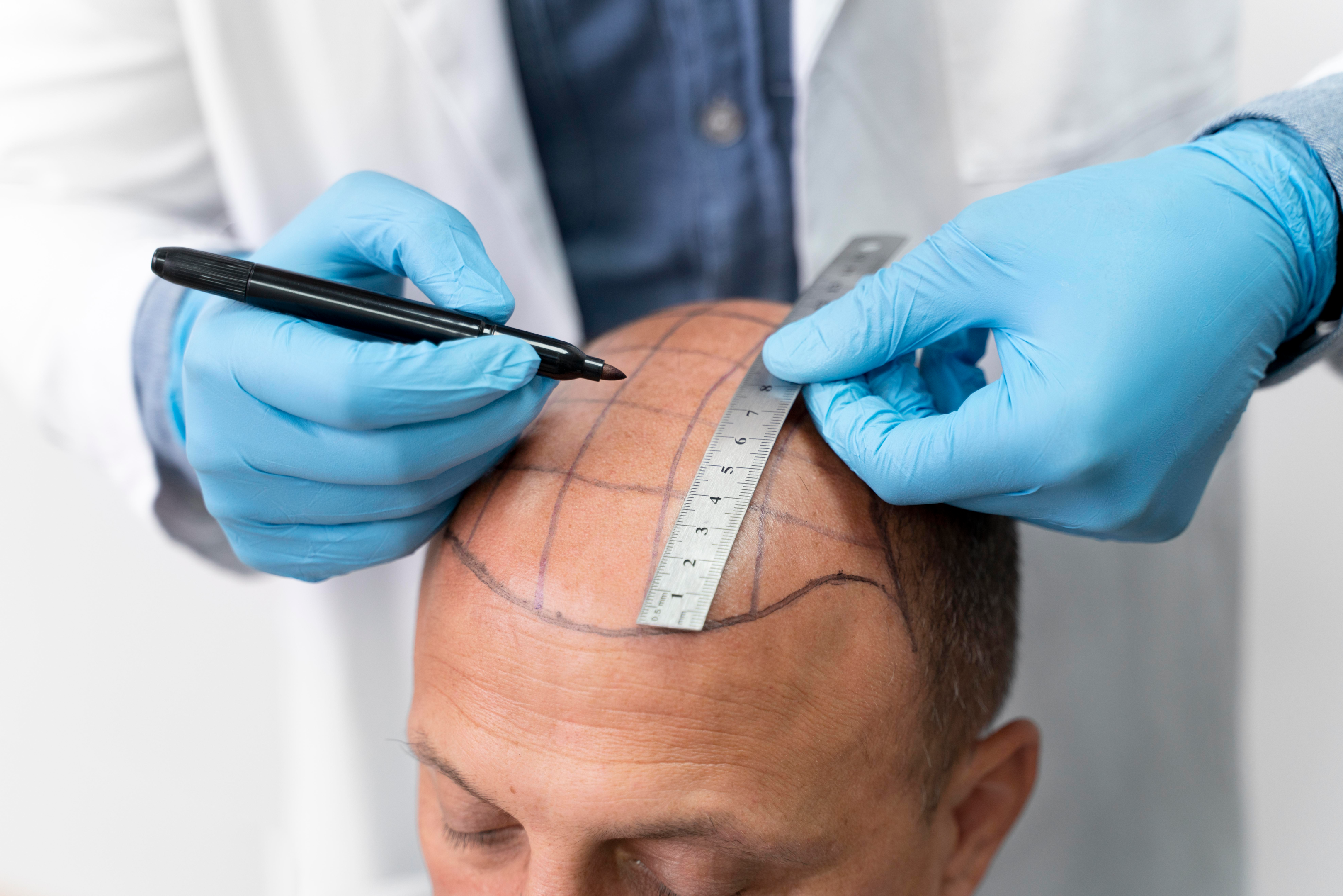 The surgeon planning the hair transplant surgery,