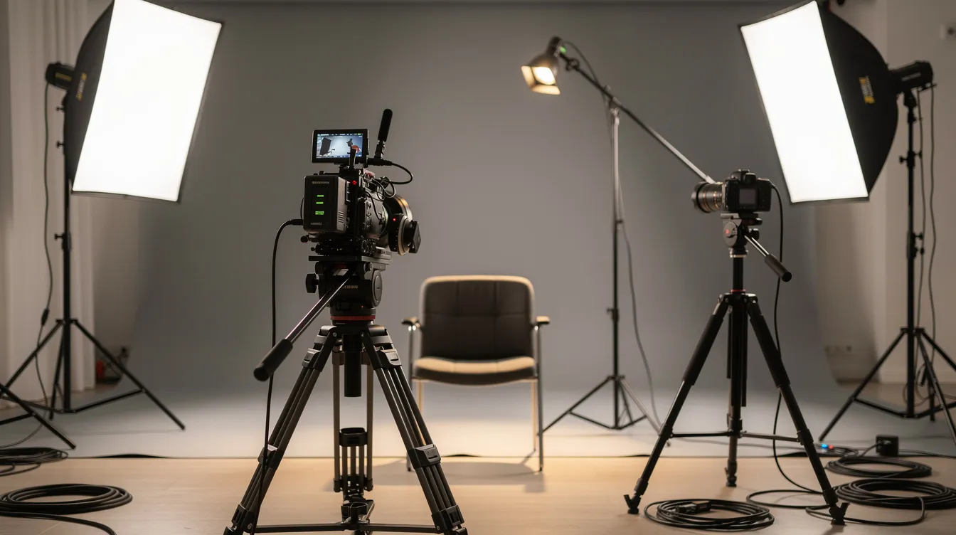 The image features a professional setup for an interview shoot, showcasing a camera mounted on a tripod, along with various lighting equipment positioned to enhance video quality. This behind-the-scenes arrangement is essential for creating engaging video content that can effectively drive brand awareness and customer engagement on social media platforms.