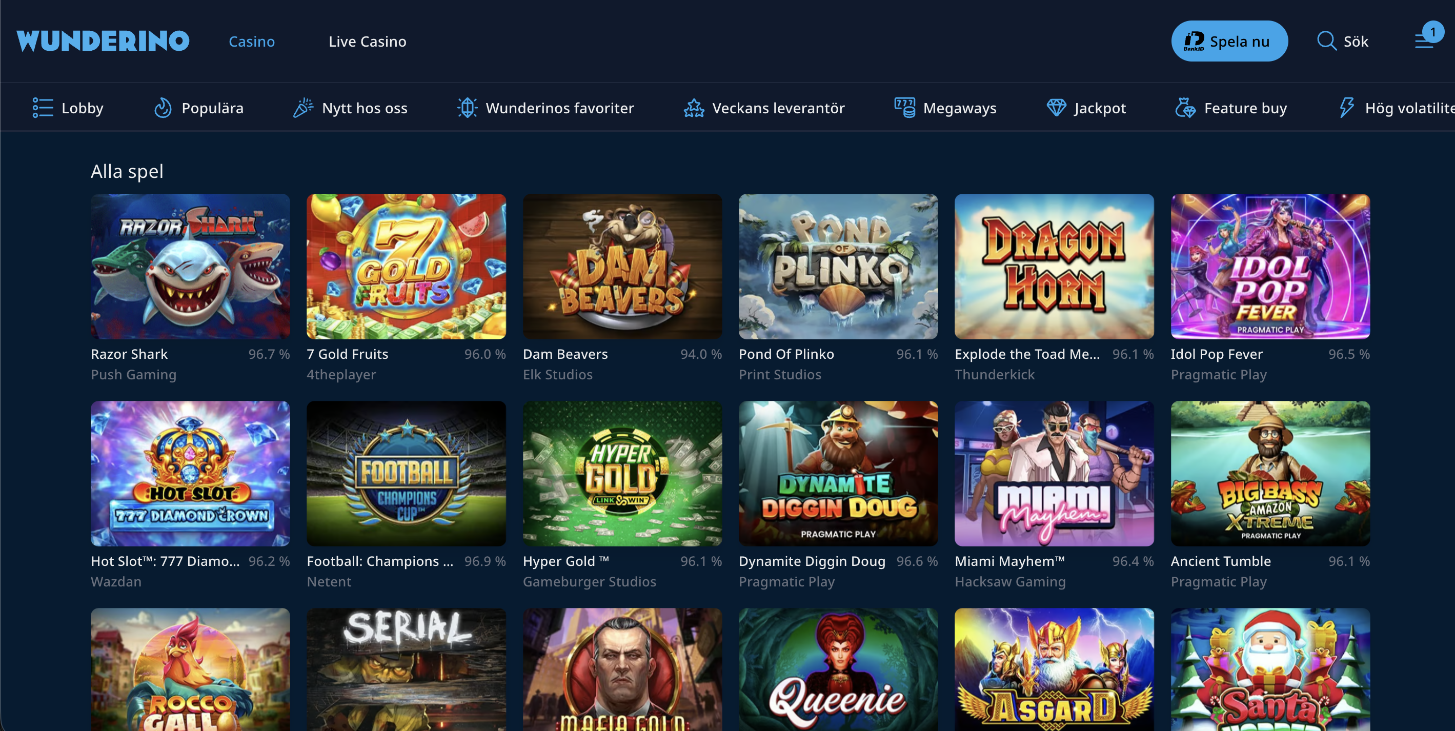 Översikt över slots och nya spel hos Wunderino Casino med RTP-information och spel från bland annat Pragmatic Play och Relax Gaming.