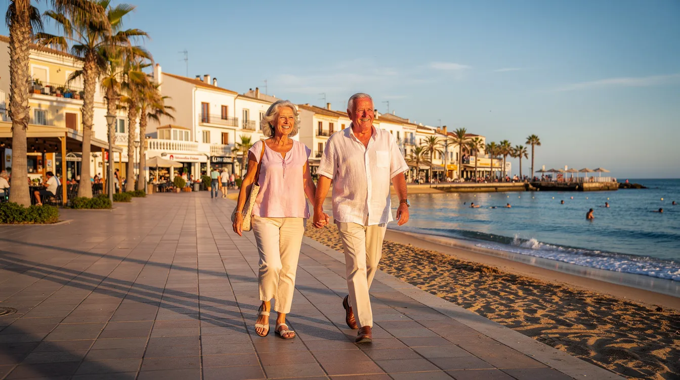 A retired couple strolls hand in hand along a sunny promenade on the Costa del Sol, embodying the relaxed lifestyle of UK citizens who choose to retire to Spain. The vibrant beach scene reflects the joy of enjoying retirement in a picturesque setting, surrounded by the beauty of the Spanish coast.