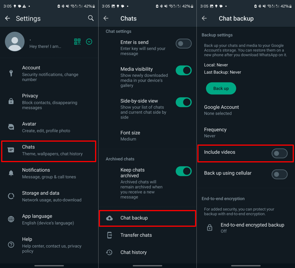 Steps to exclude videos from WhatsApp backup