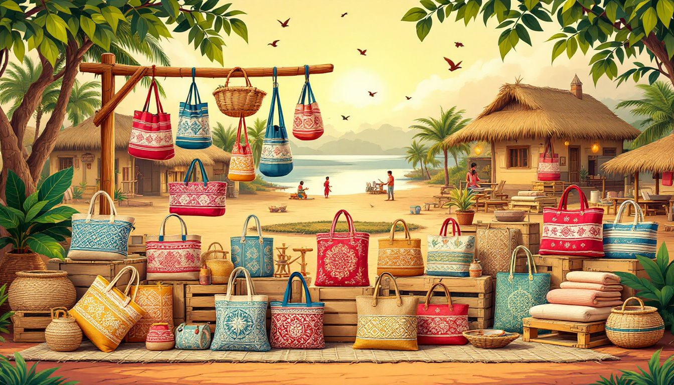 3170c5e2 2dca 4390 8ff7 e156203c0a36 A collection of jute bags showcasing the jute bag making business in Odisha.