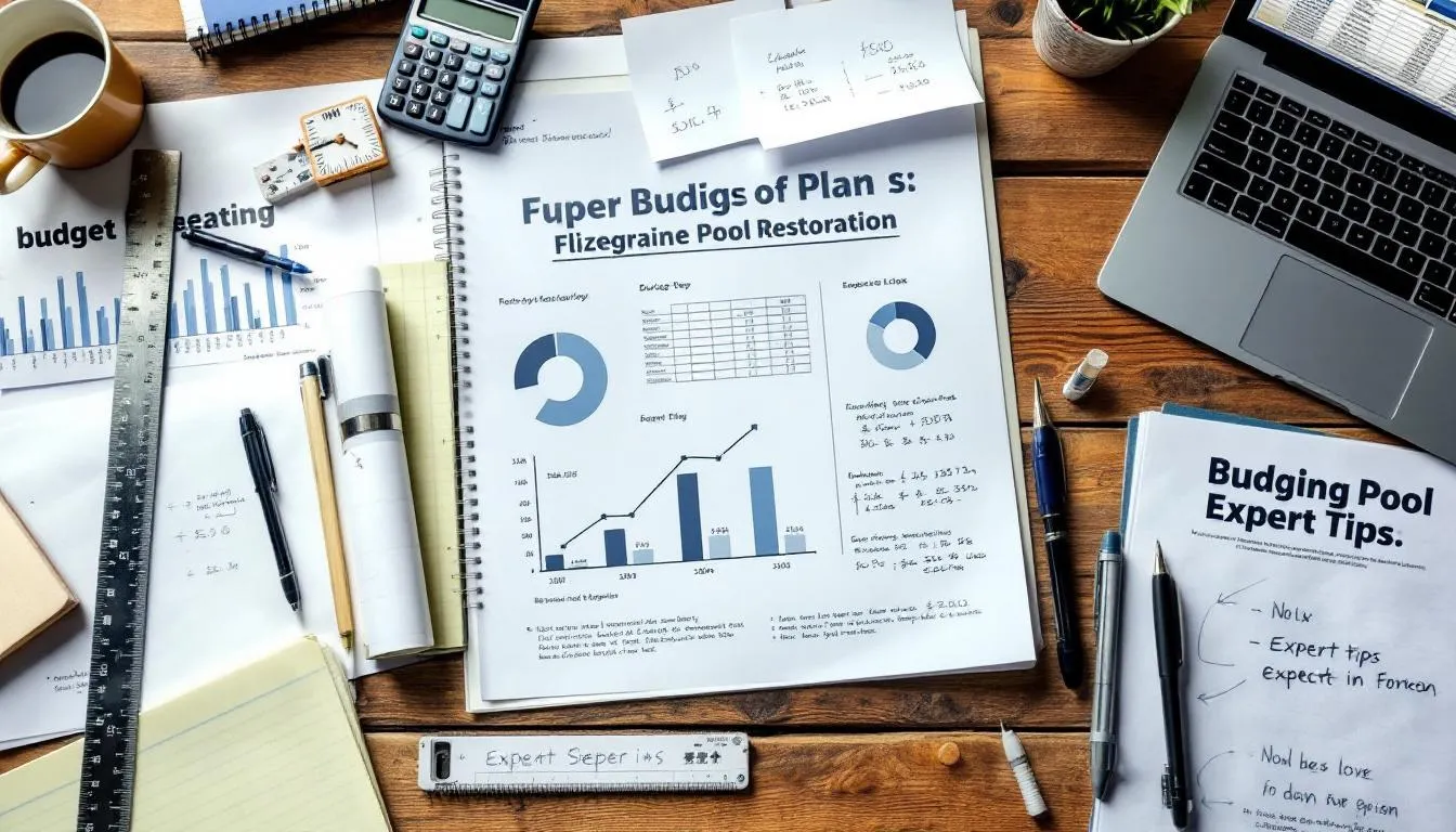An overview of a budgeting plan for fiberglass pool restoration, with charts and calculations displayed on a desk.